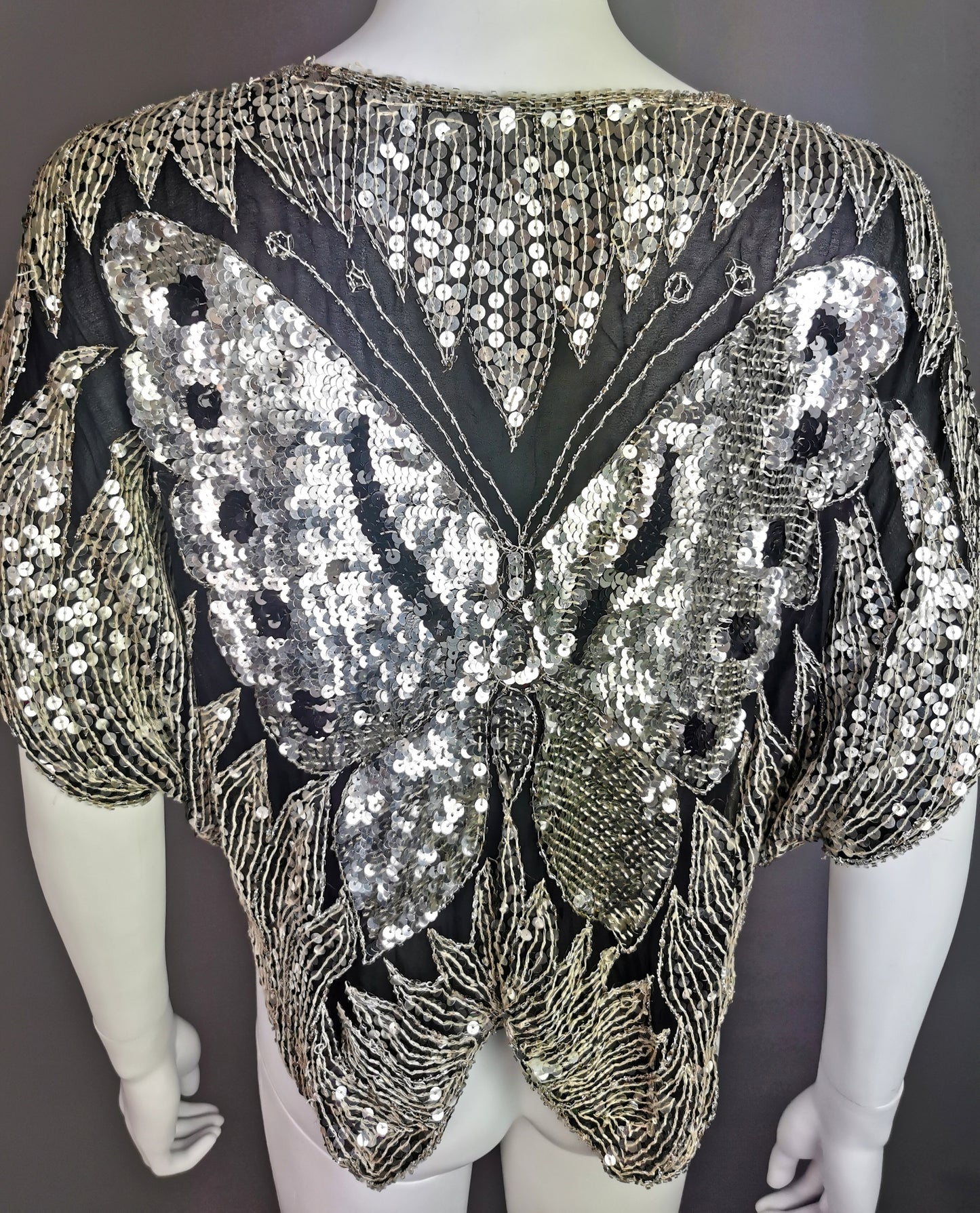 Vintage 1980s Sequin butterfly top, Silk, beadwork