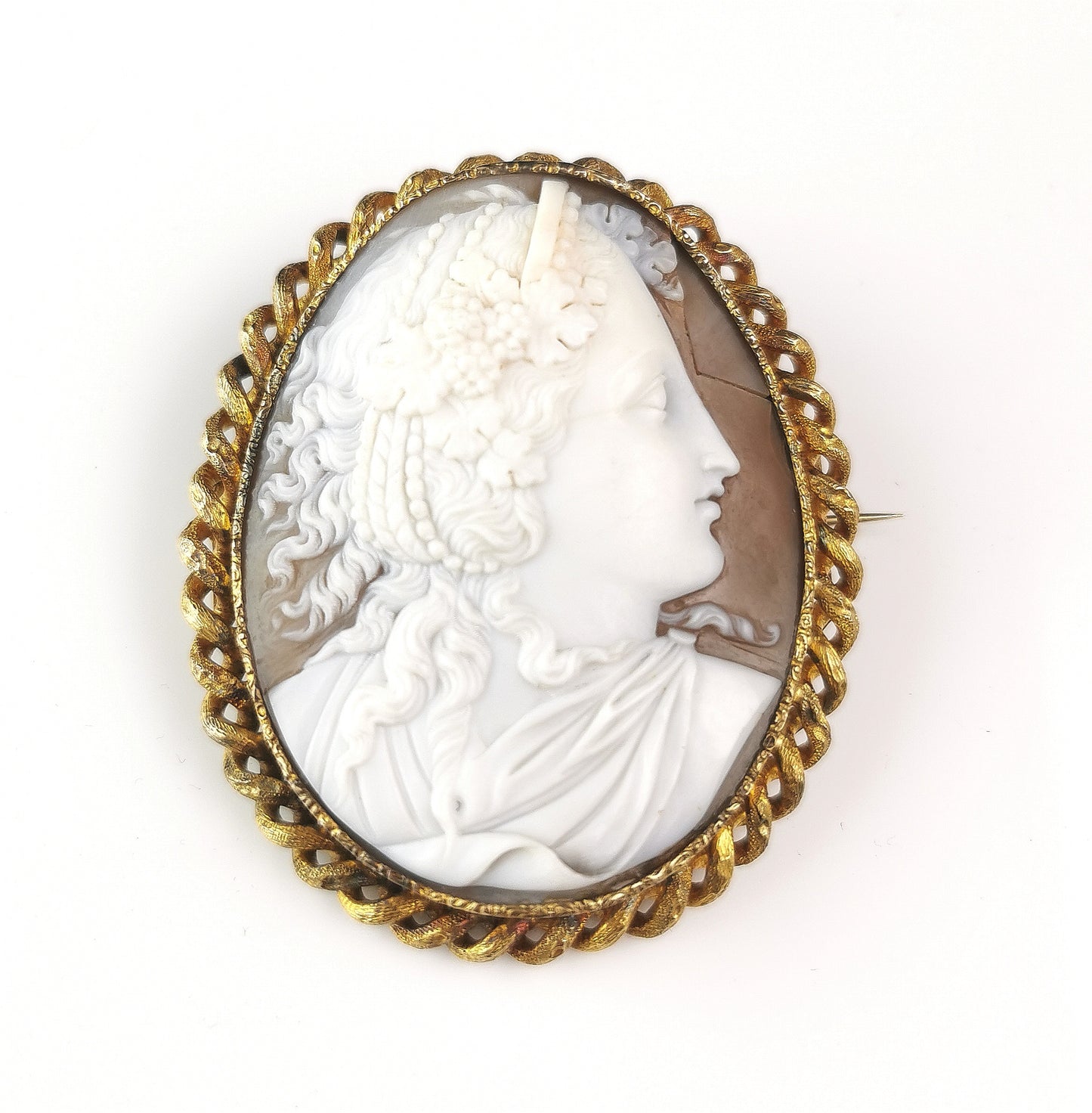 Antique Victorian cameo brooch, Bacchante, Gilt metal
