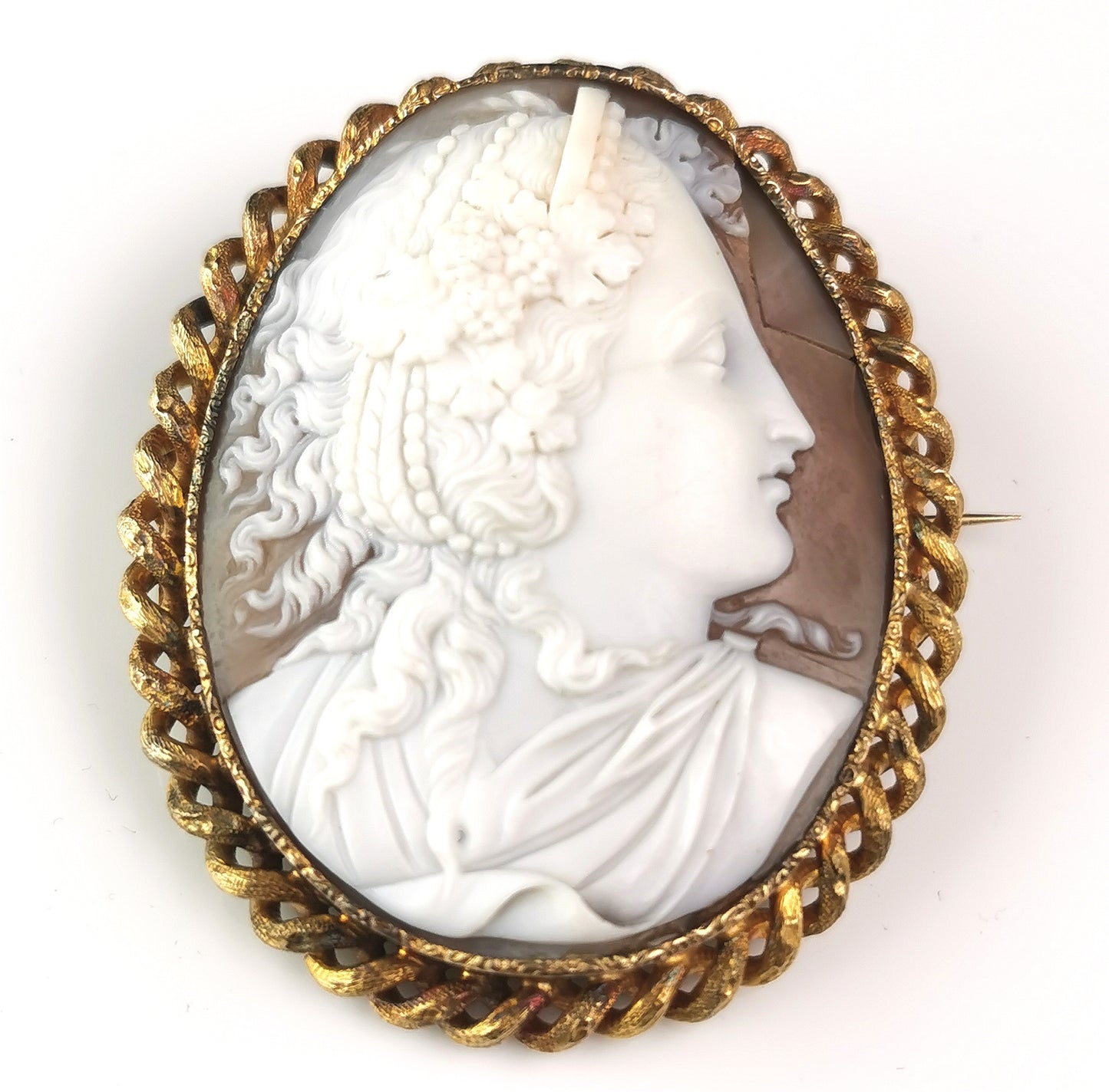 Antique Victorian cameo brooch, Bacchante, Gilt metal