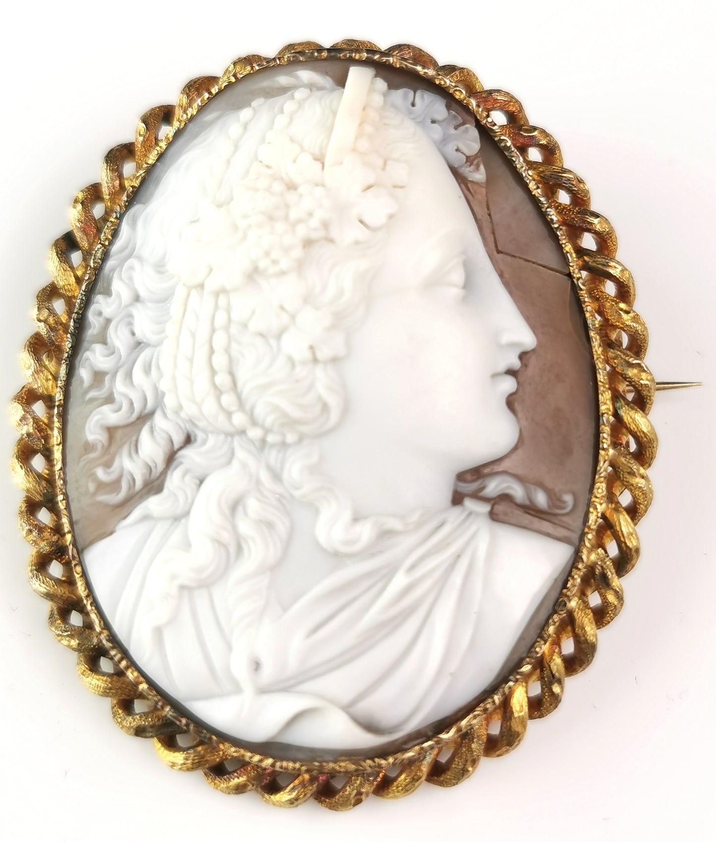 Antique Victorian cameo brooch, Bacchante, Gilt metal
