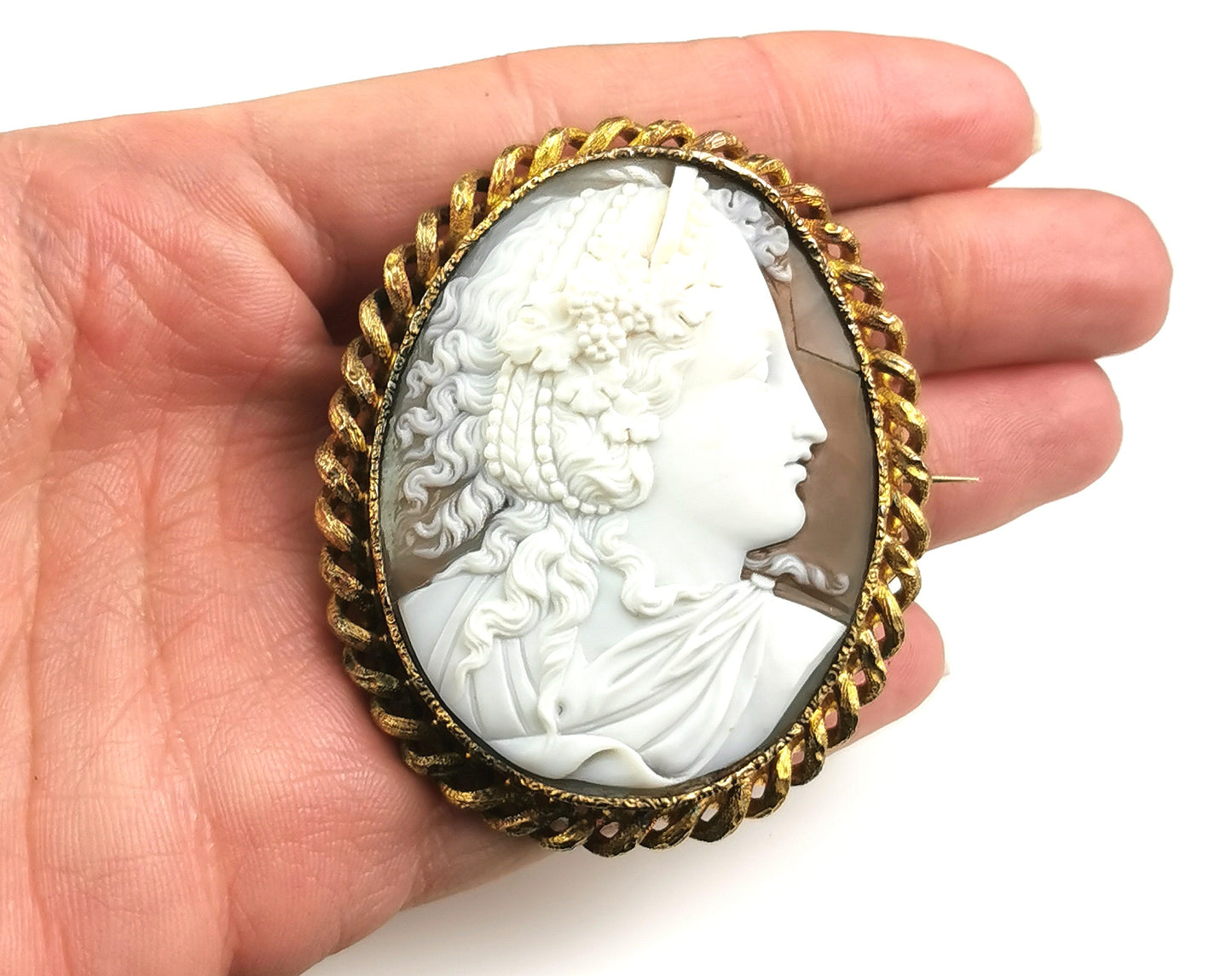 Antique Victorian cameo brooch, Bacchante, Gilt metal
