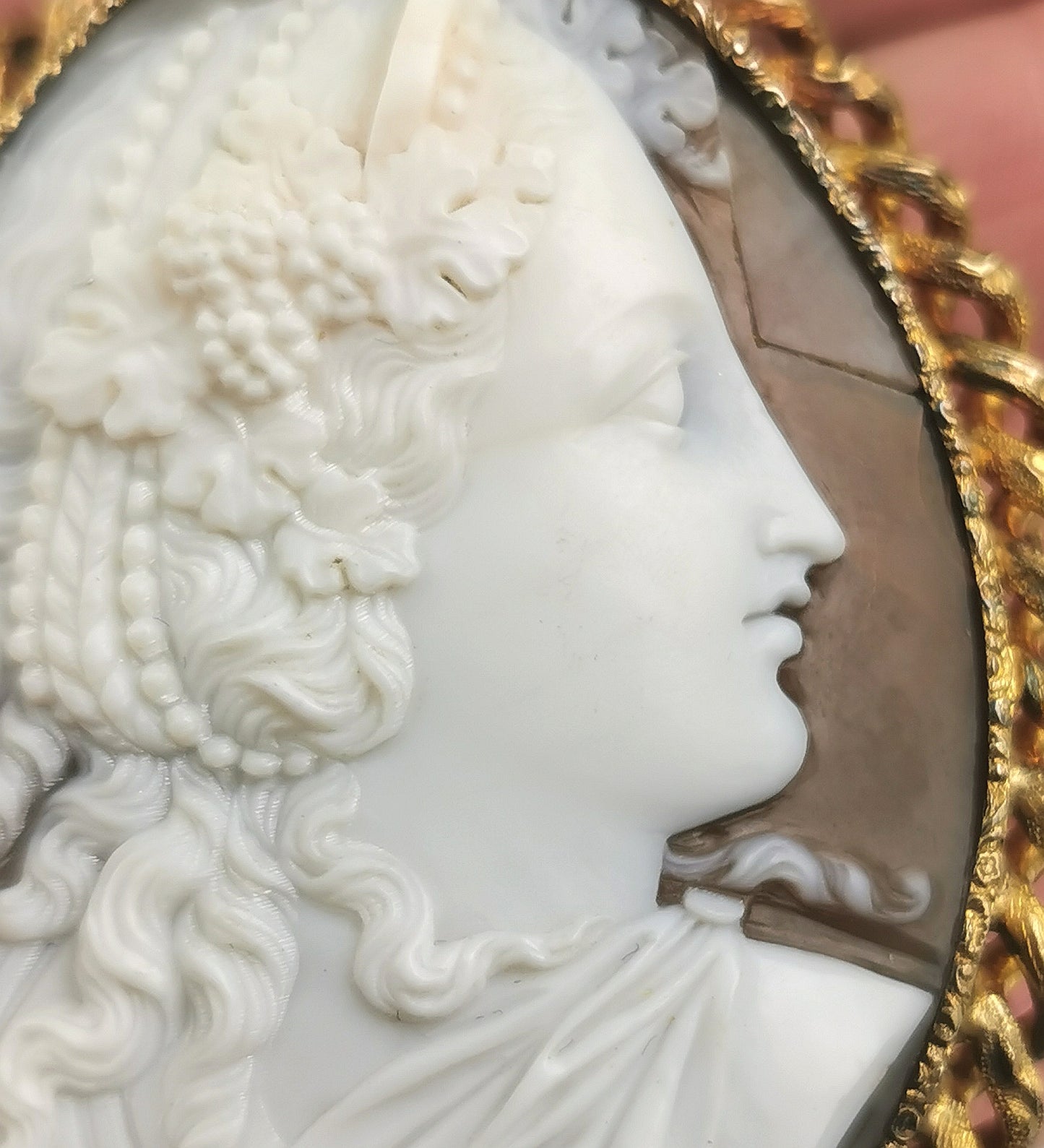 Antique Victorian cameo brooch, Bacchante, Gilt metal