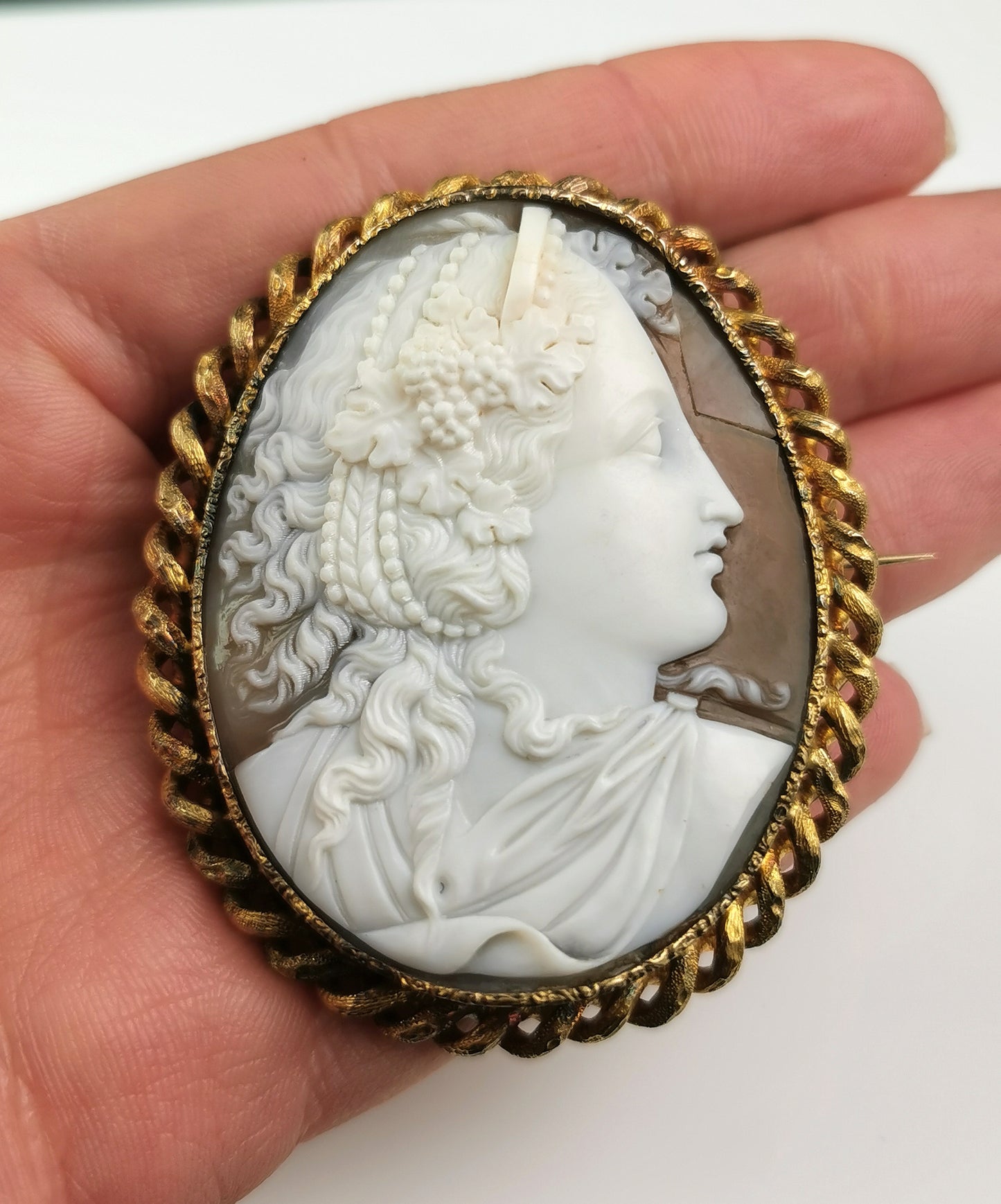Antique Victorian cameo brooch, Bacchante, Gilt metal