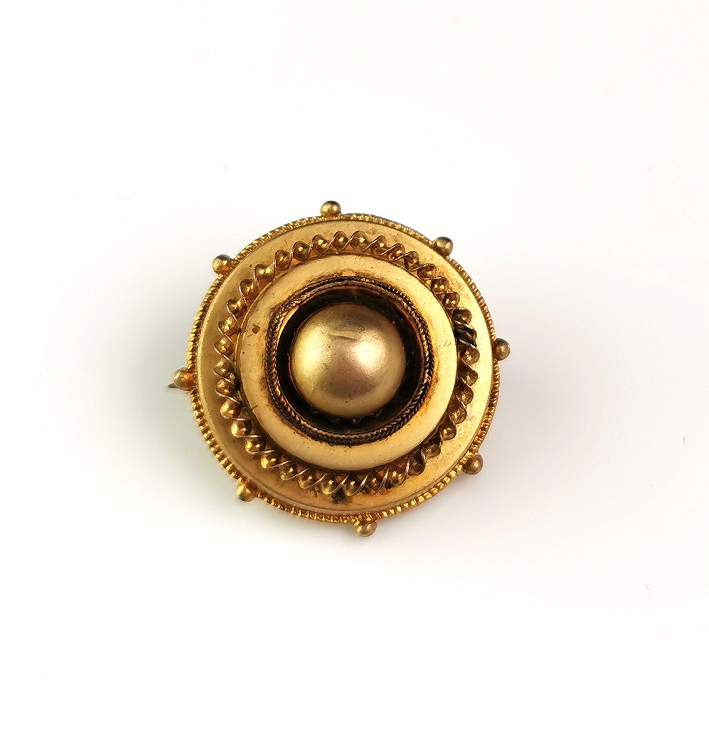 Antique Victorian gilt target brooch, hairwork, Mourning