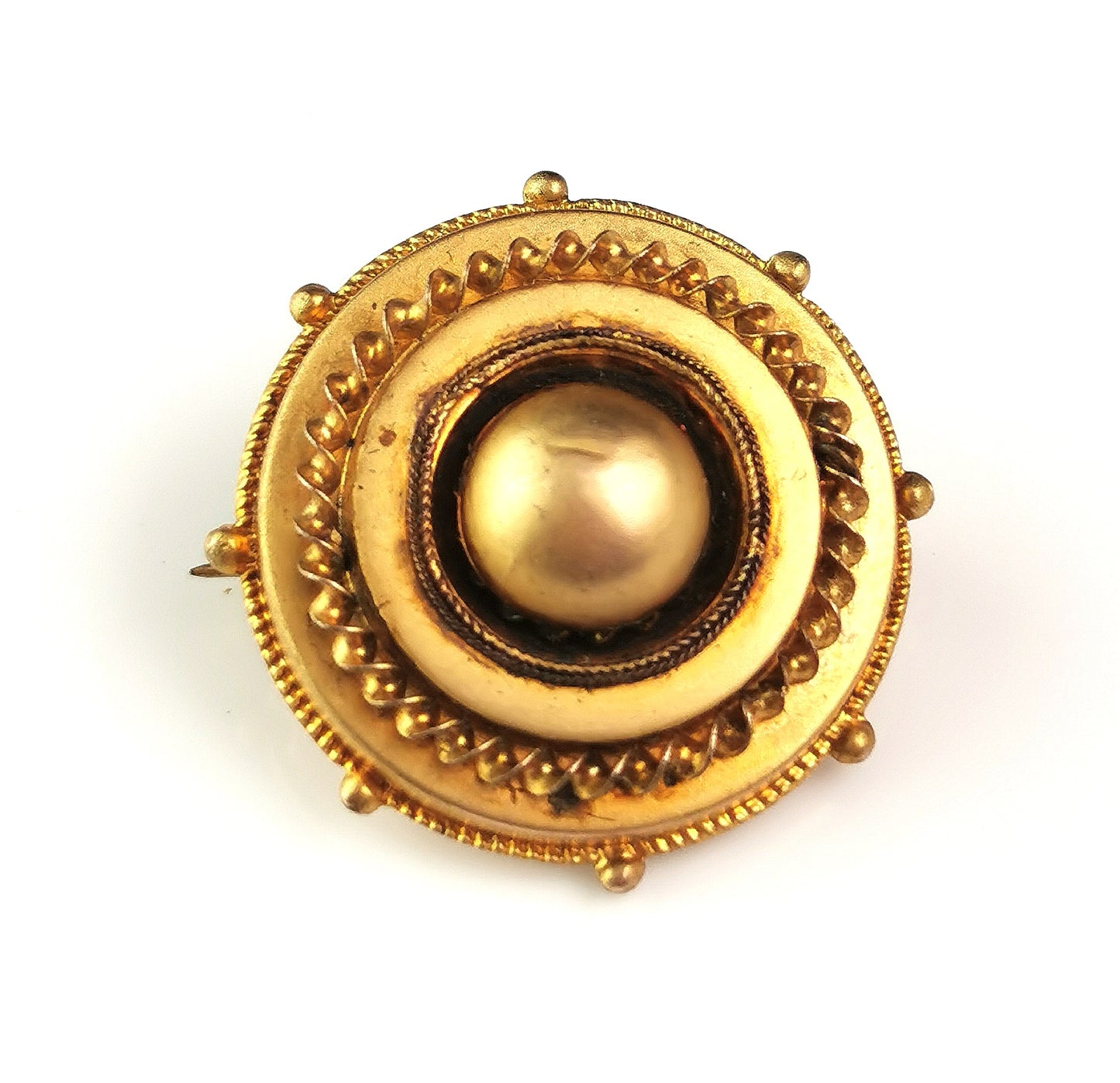 Antique Victorian gilt target brooch, hairwork, Mourning