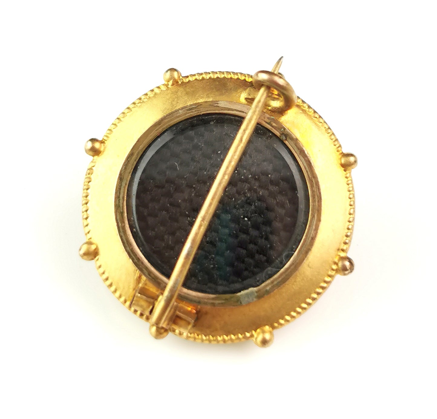 Antique Victorian gilt target brooch, hairwork, Mourning