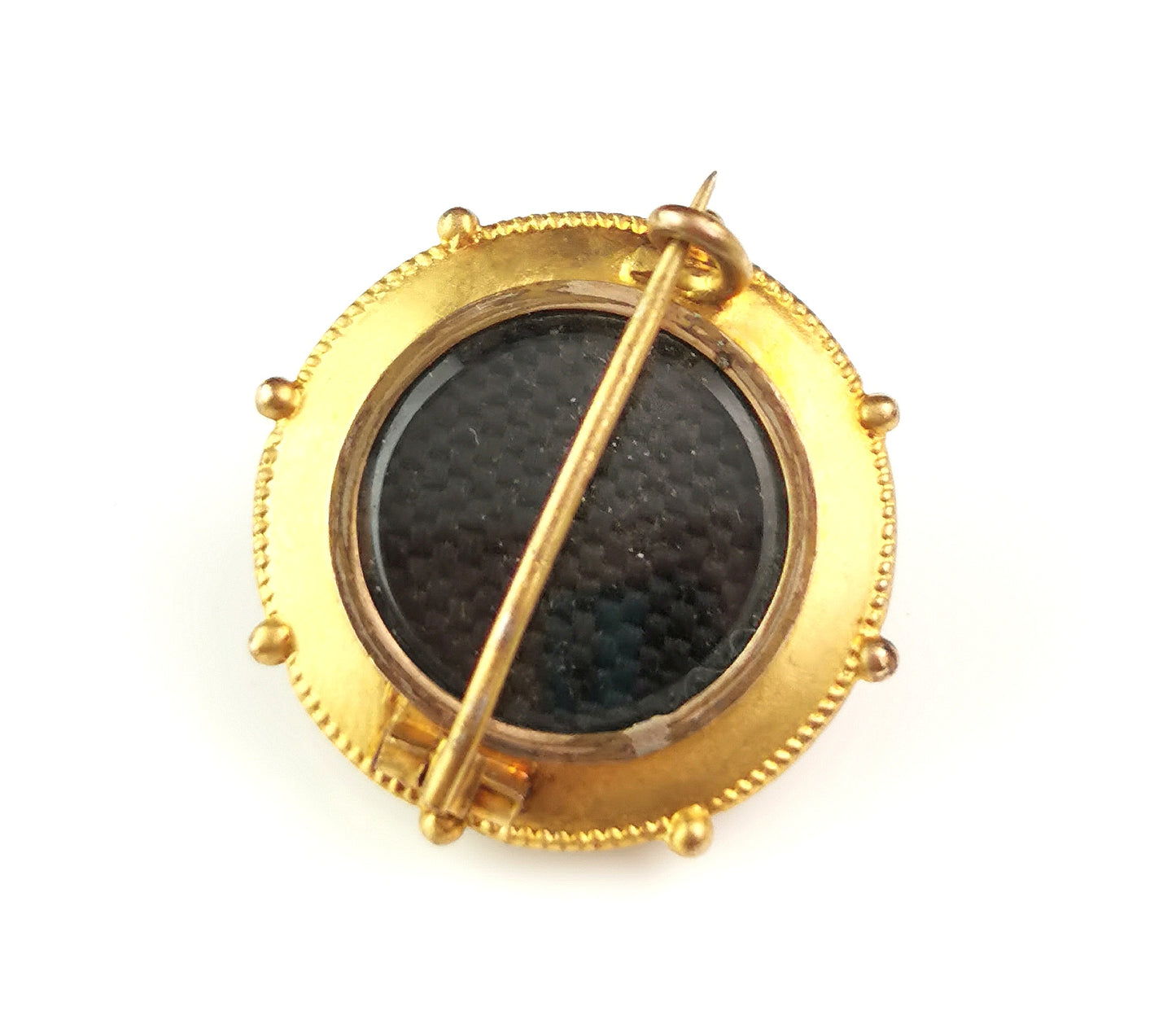 Antique Victorian gilt target brooch, hairwork, Mourning