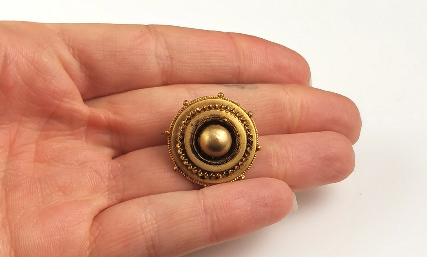 Antique Victorian gilt target brooch, hairwork, Mourning