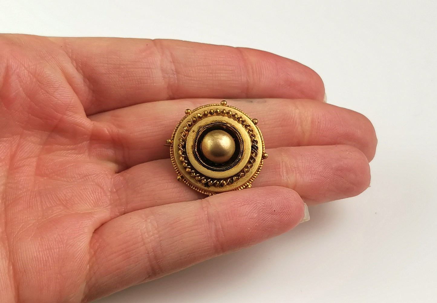 Antique Victorian gilt target brooch, hairwork, Mourning