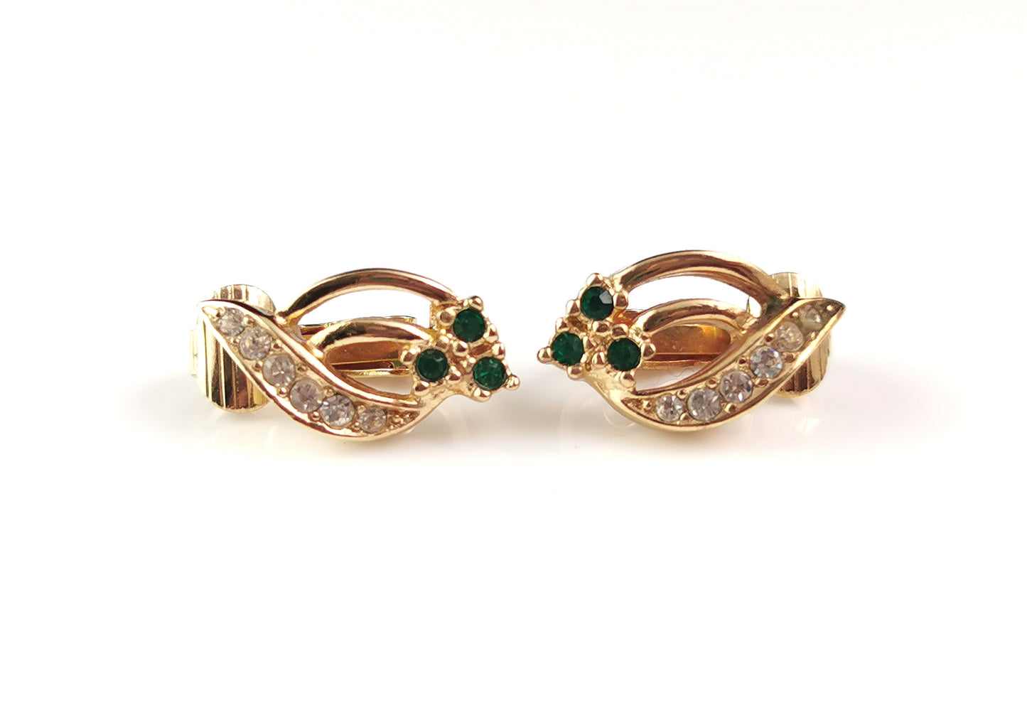 Vintage Christian Dior clip on earrings, Shamrock, gold tone and paste