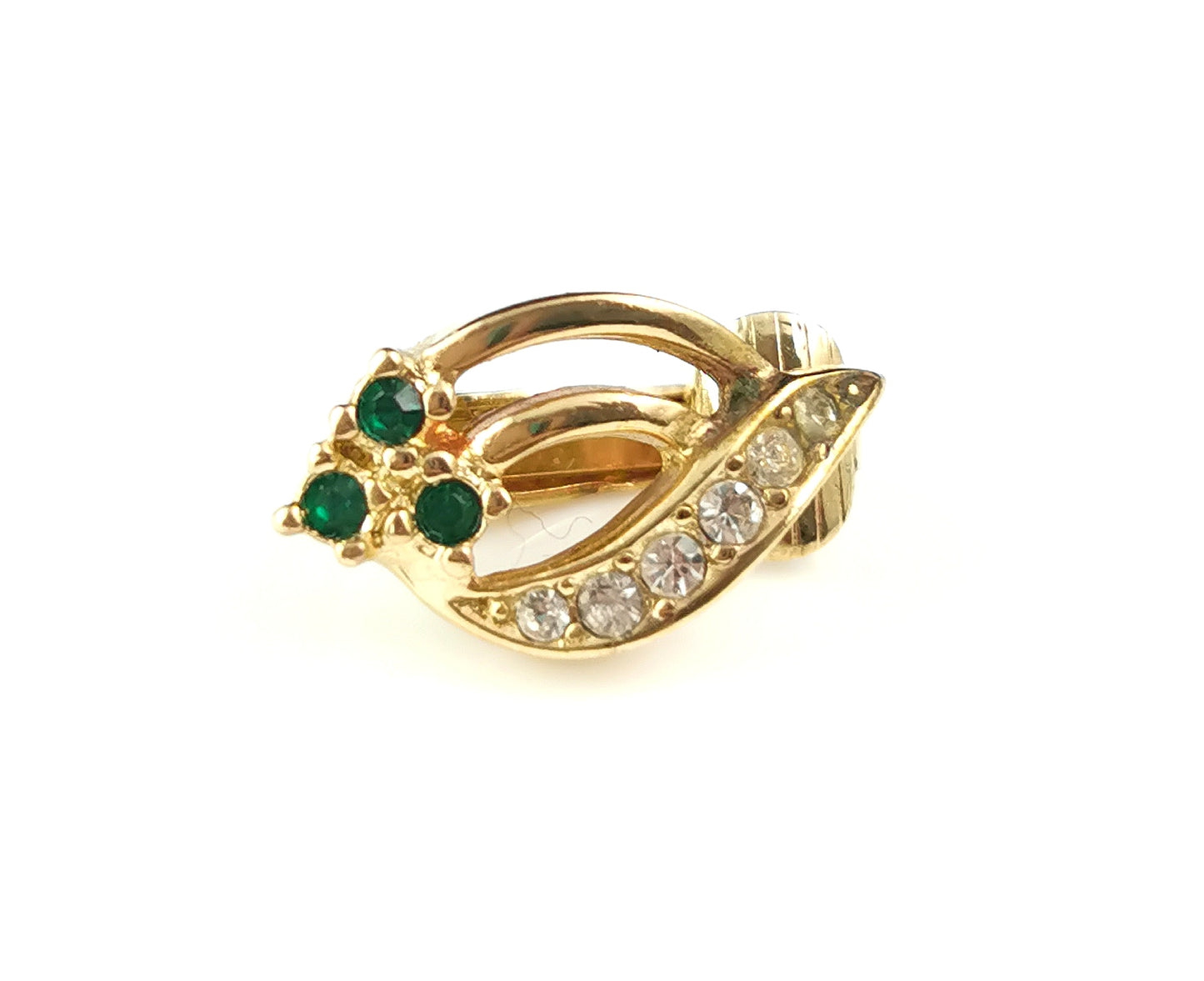 Vintage Christian Dior clip on earrings, Shamrock, gold tone and paste