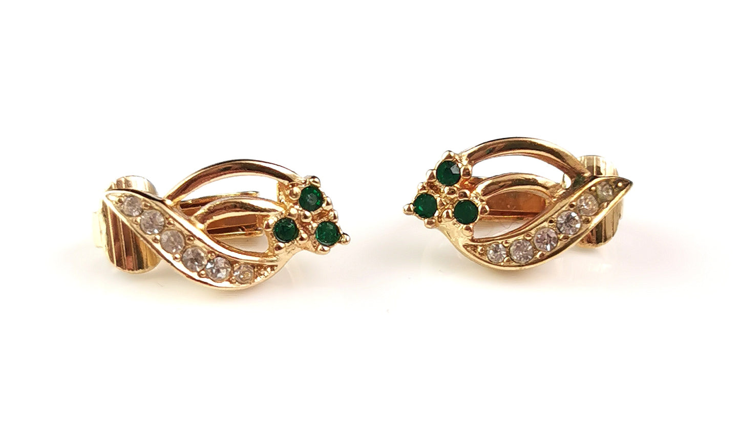 Vintage Christian Dior clip on earrings, Shamrock, gold tone and paste