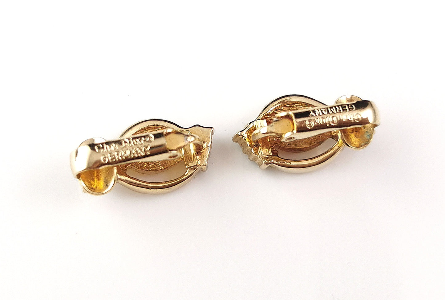 Vintage Christian Dior clip on earrings, Shamrock, gold tone and paste