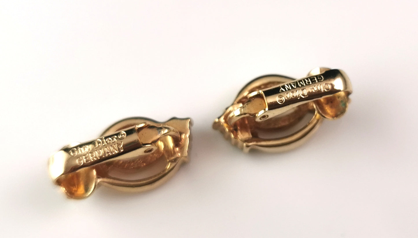 Vintage Christian Dior clip on earrings, Shamrock, gold tone and paste