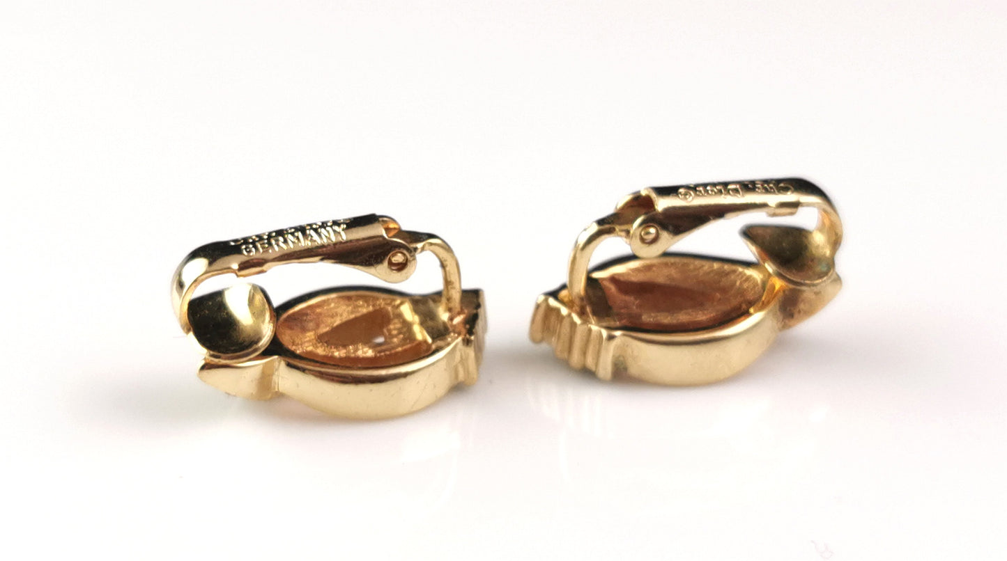 Vintage Christian Dior clip on earrings, Shamrock, gold tone and paste