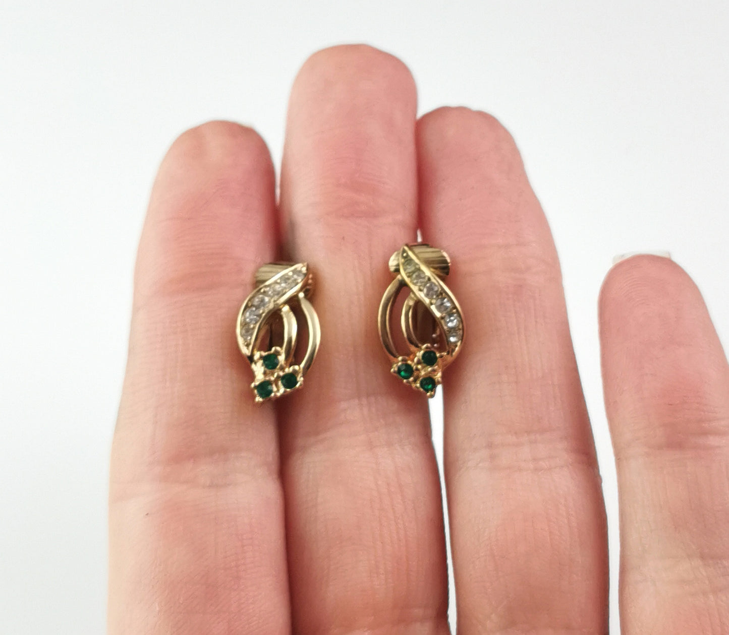 Vintage Christian Dior clip on earrings, Shamrock, gold tone and paste