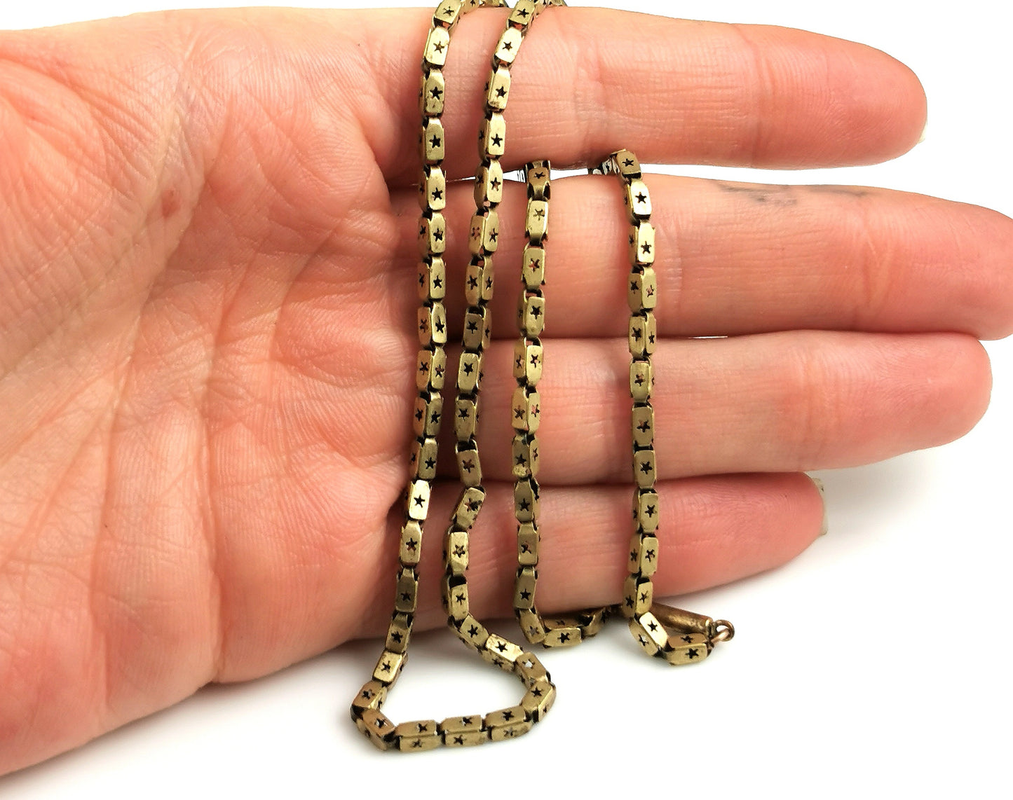 Antique fancy star punch link chain necklace