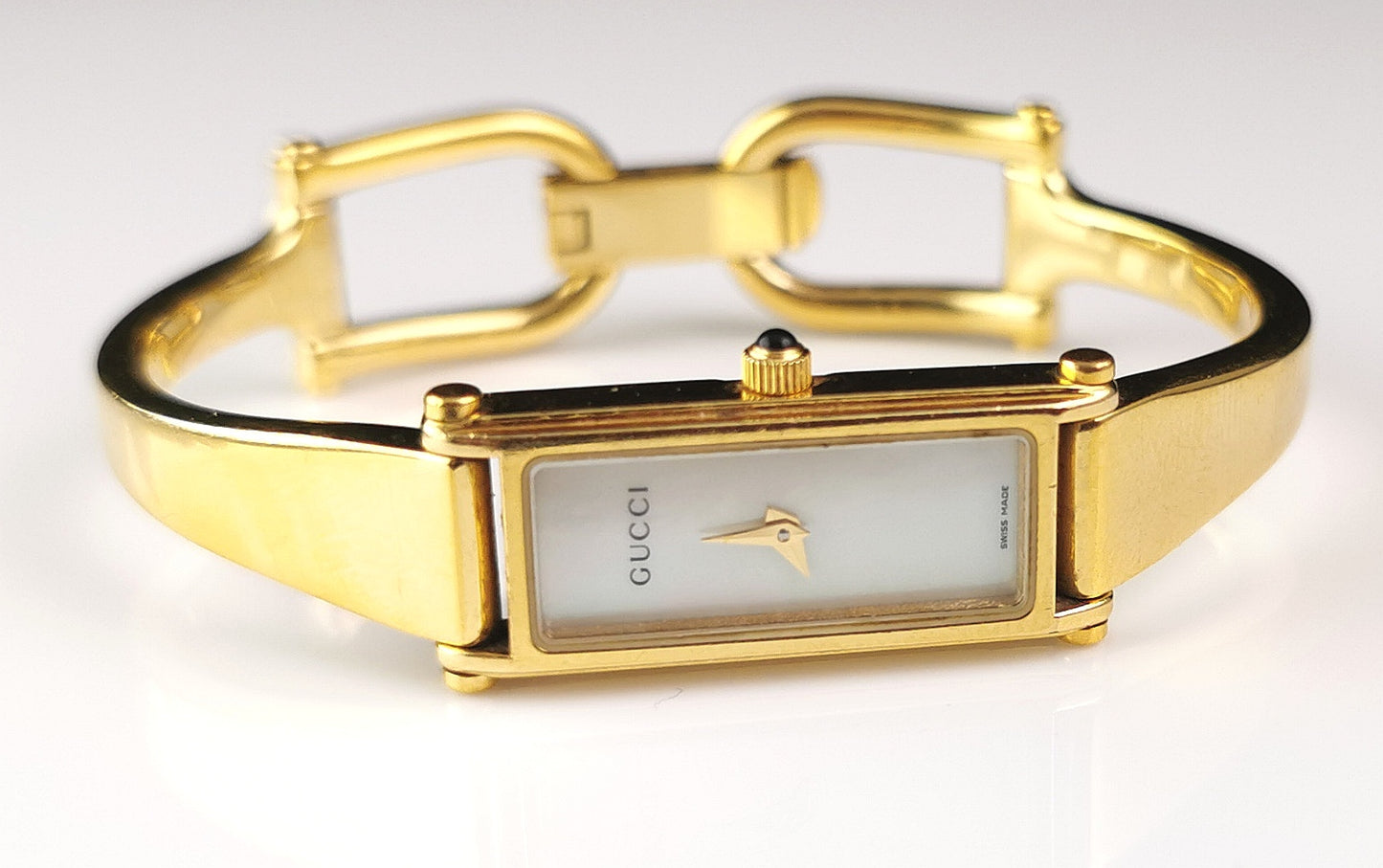 Vintage Gucci 1500l gold plated ladies wristwatch, Horsebit bangle strap