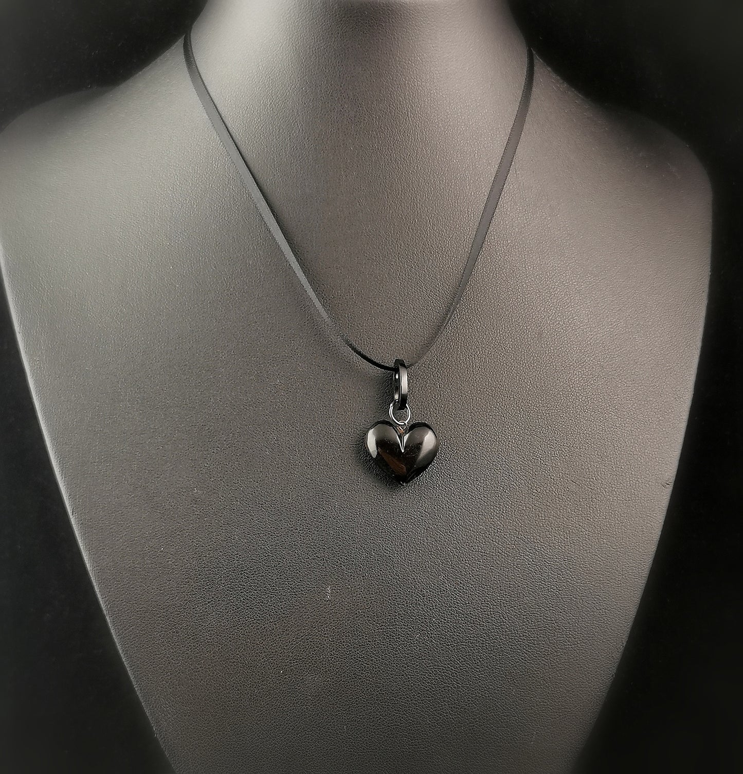 Antique Whitby Jet puffy heart pendant, Victorian