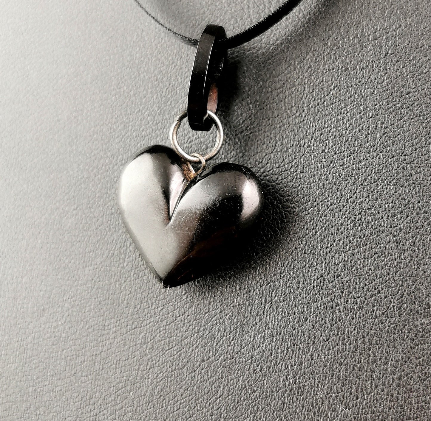 Antique Whitby Jet puffy heart pendant, Victorian
