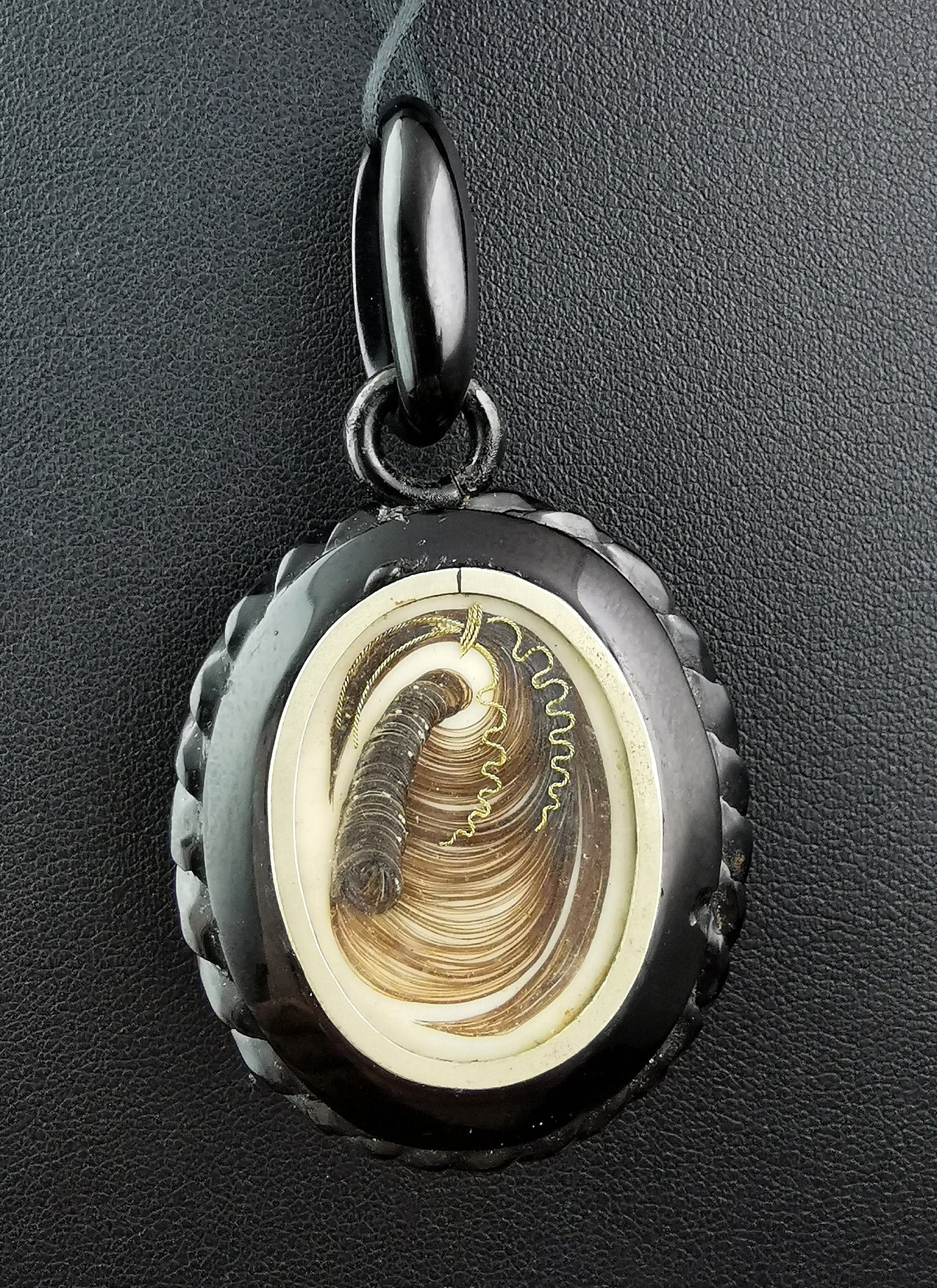 Antique Victorian Whitby Jet Mourning locket, AEI, hairwork