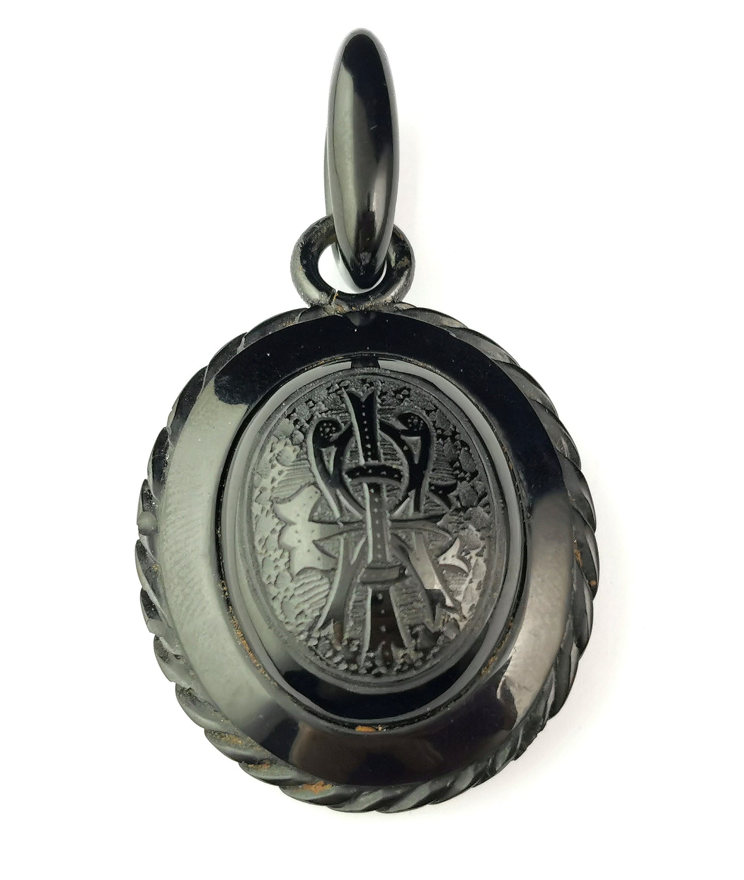 Antique Victorian Whitby Jet Mourning locket, AEI, hairwork