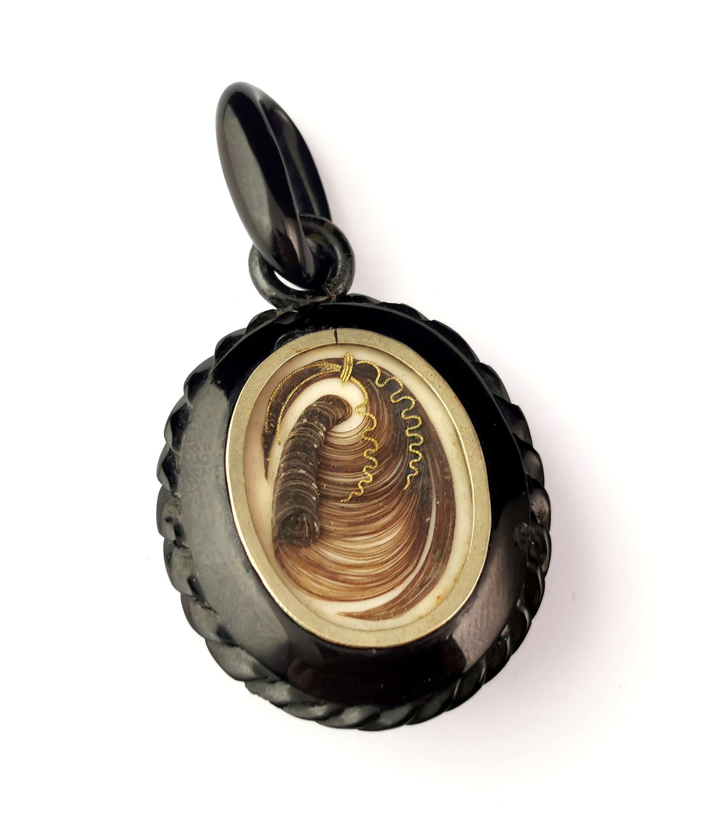 Antique Victorian Whitby Jet Mourning locket, AEI, hairwork