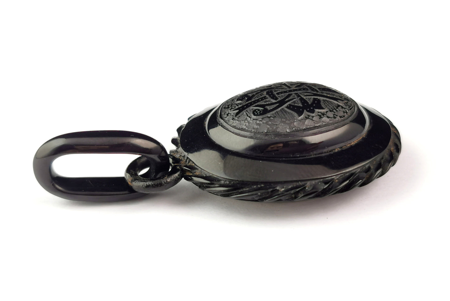 Antique Victorian Whitby Jet Mourning locket, AEI, hairwork