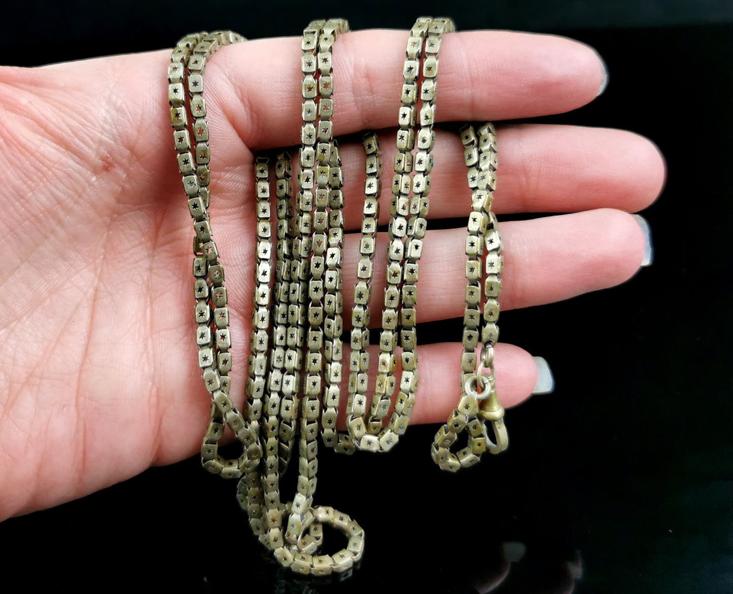 Antique Victorian Star punched long chain necklace, Longuard