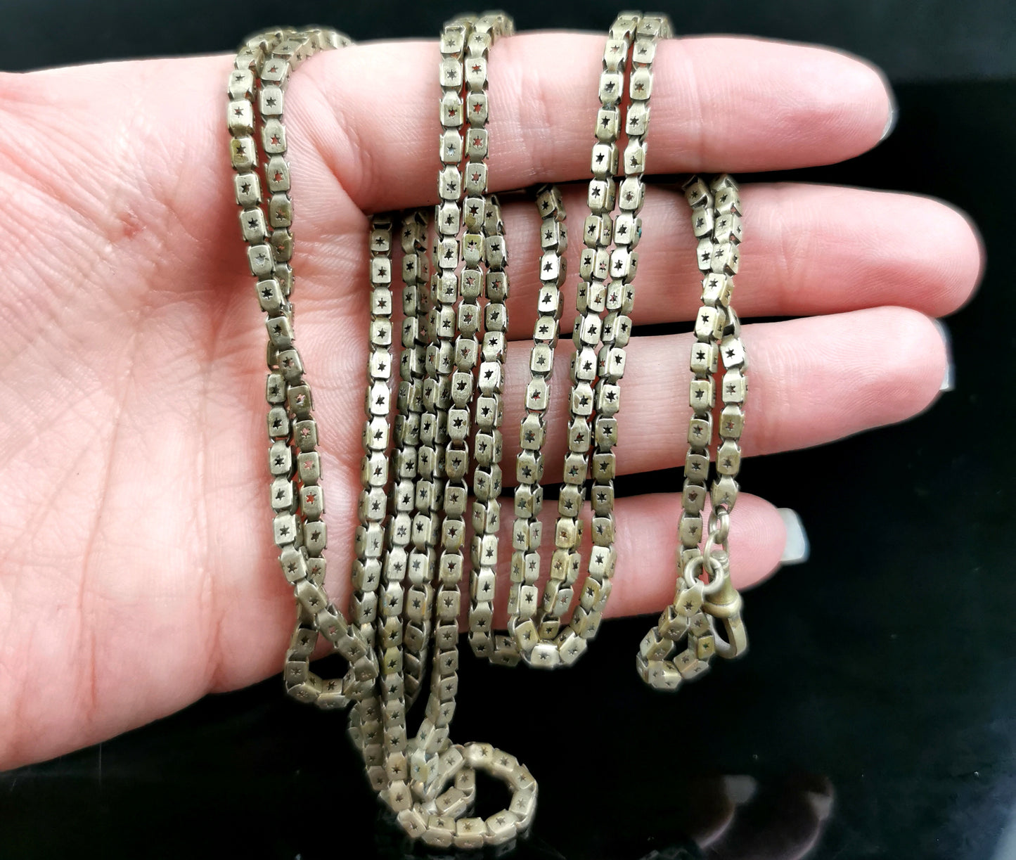 Antique Victorian Star punched long chain necklace, Longuard
