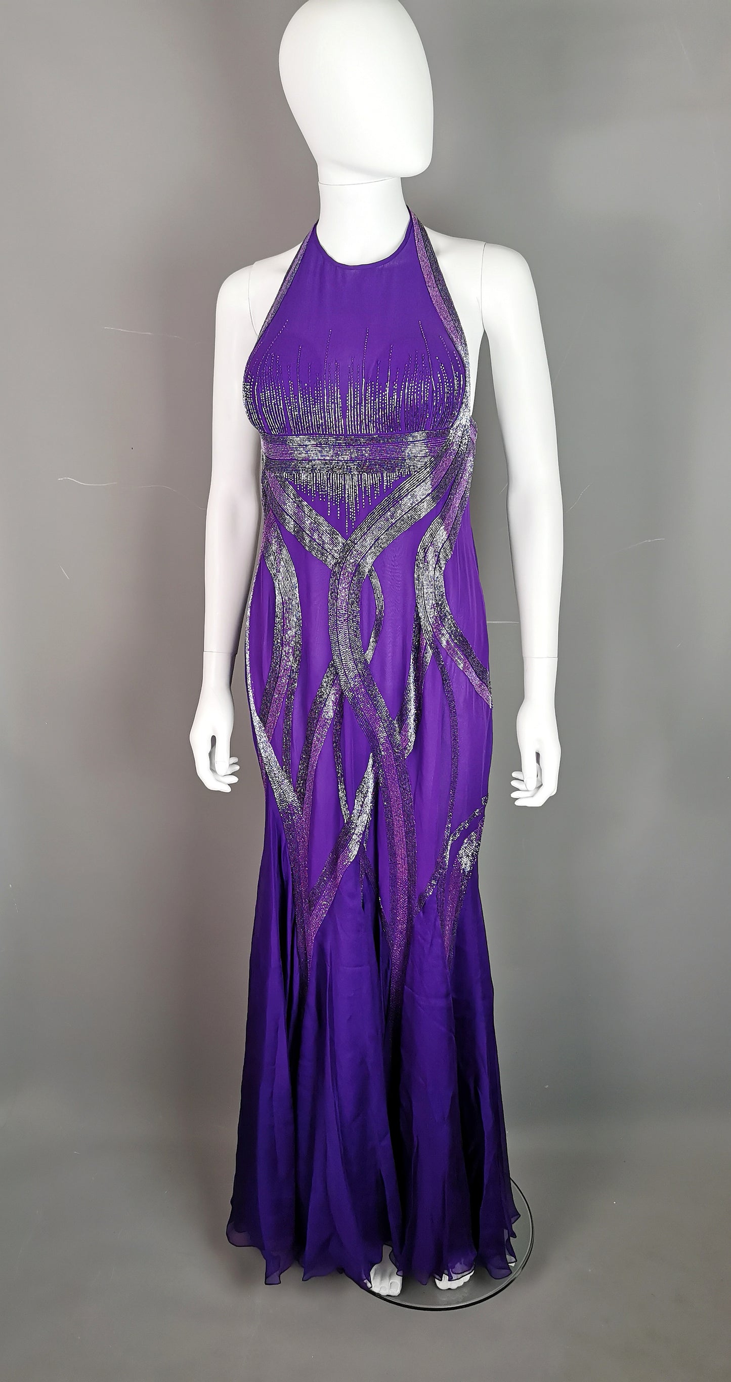 Vintage Versace purple silk chiffon beaded evening dress, gown