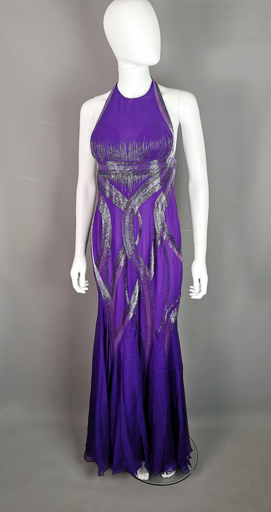 Vintage Versace purple silk chiffon beaded evening dress, gown