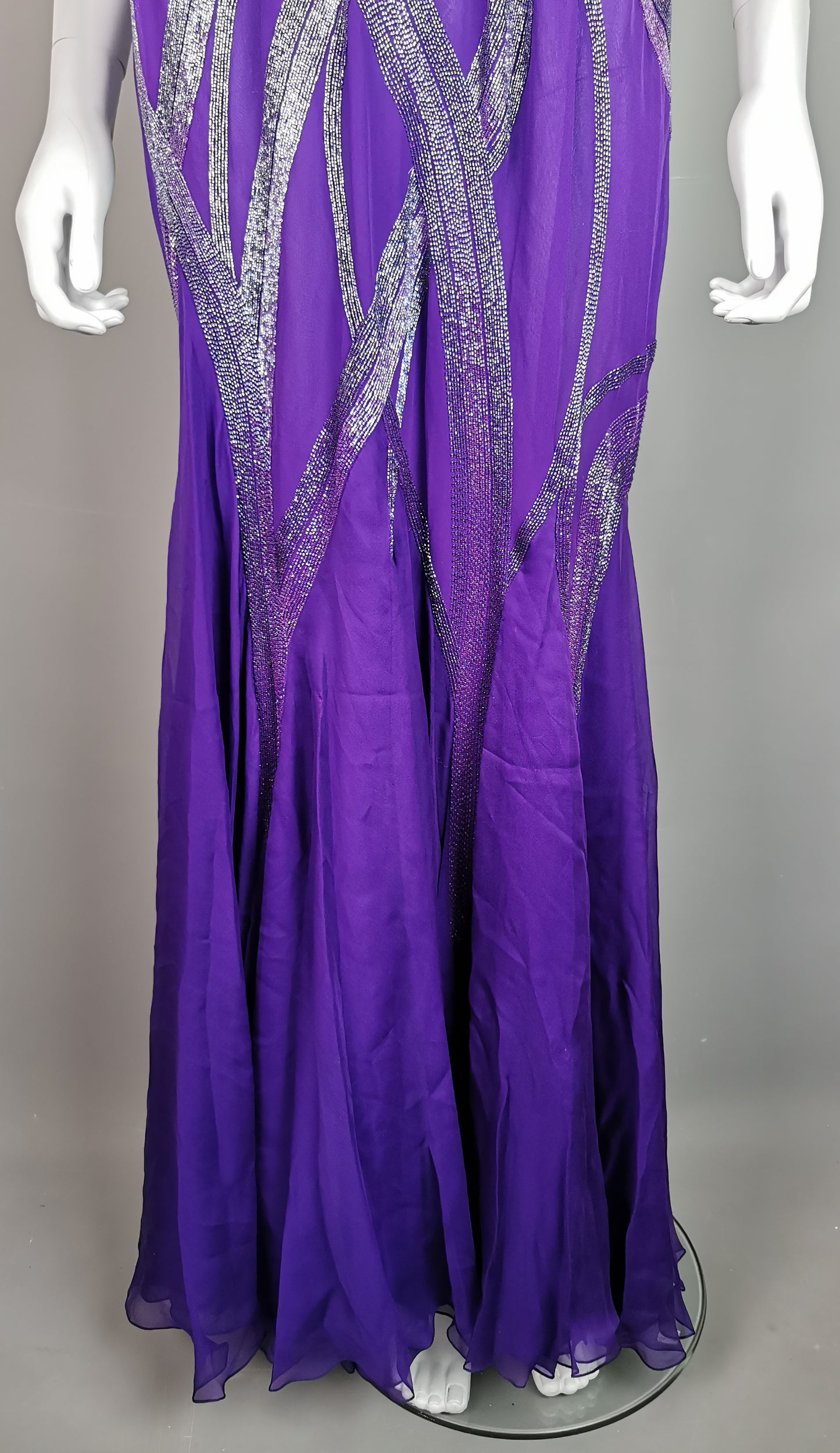 Vintage Versace purple silk chiffon beaded evening dress, gown