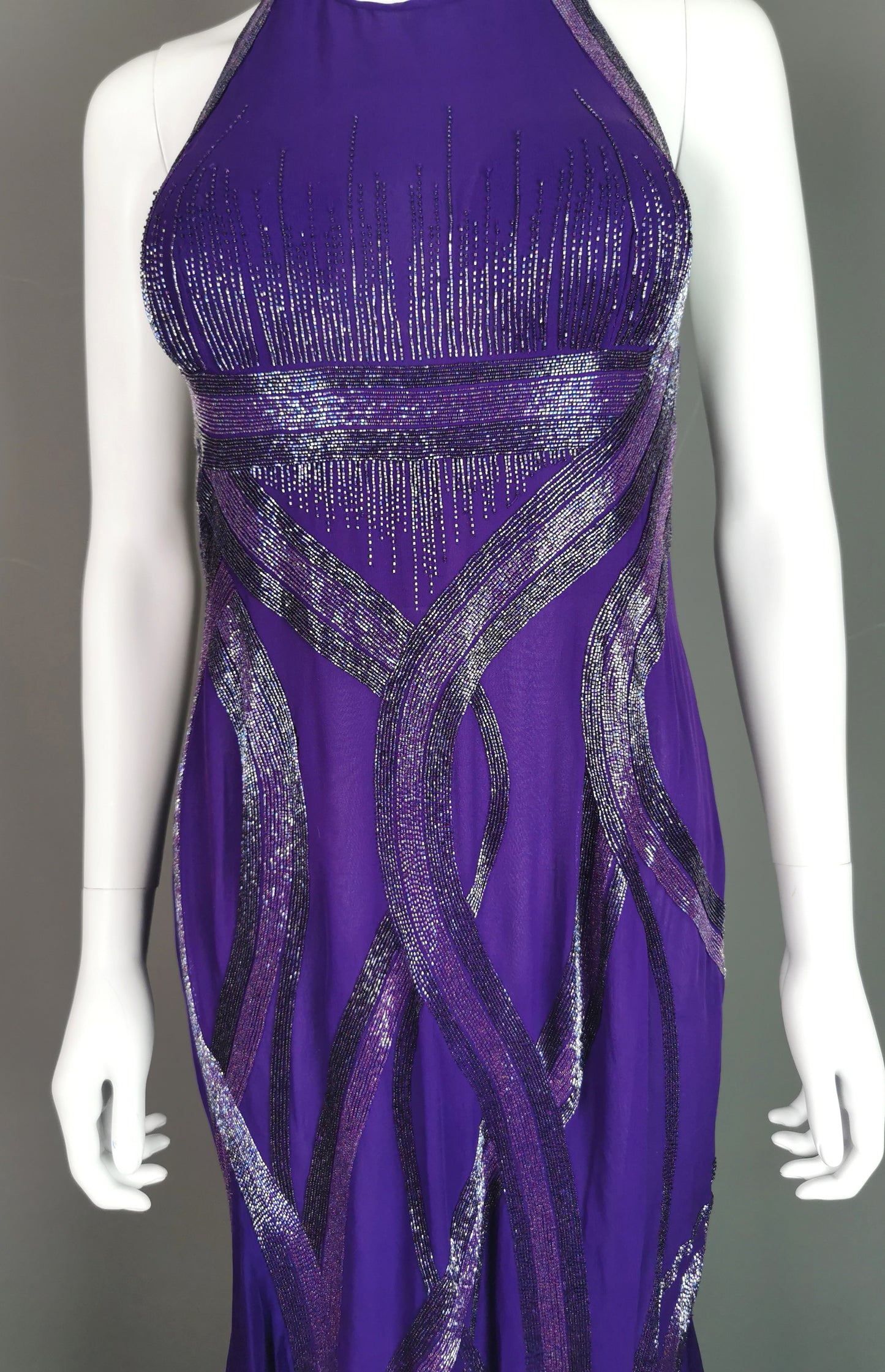 Vintage Versace purple silk chiffon beaded evening dress, gown