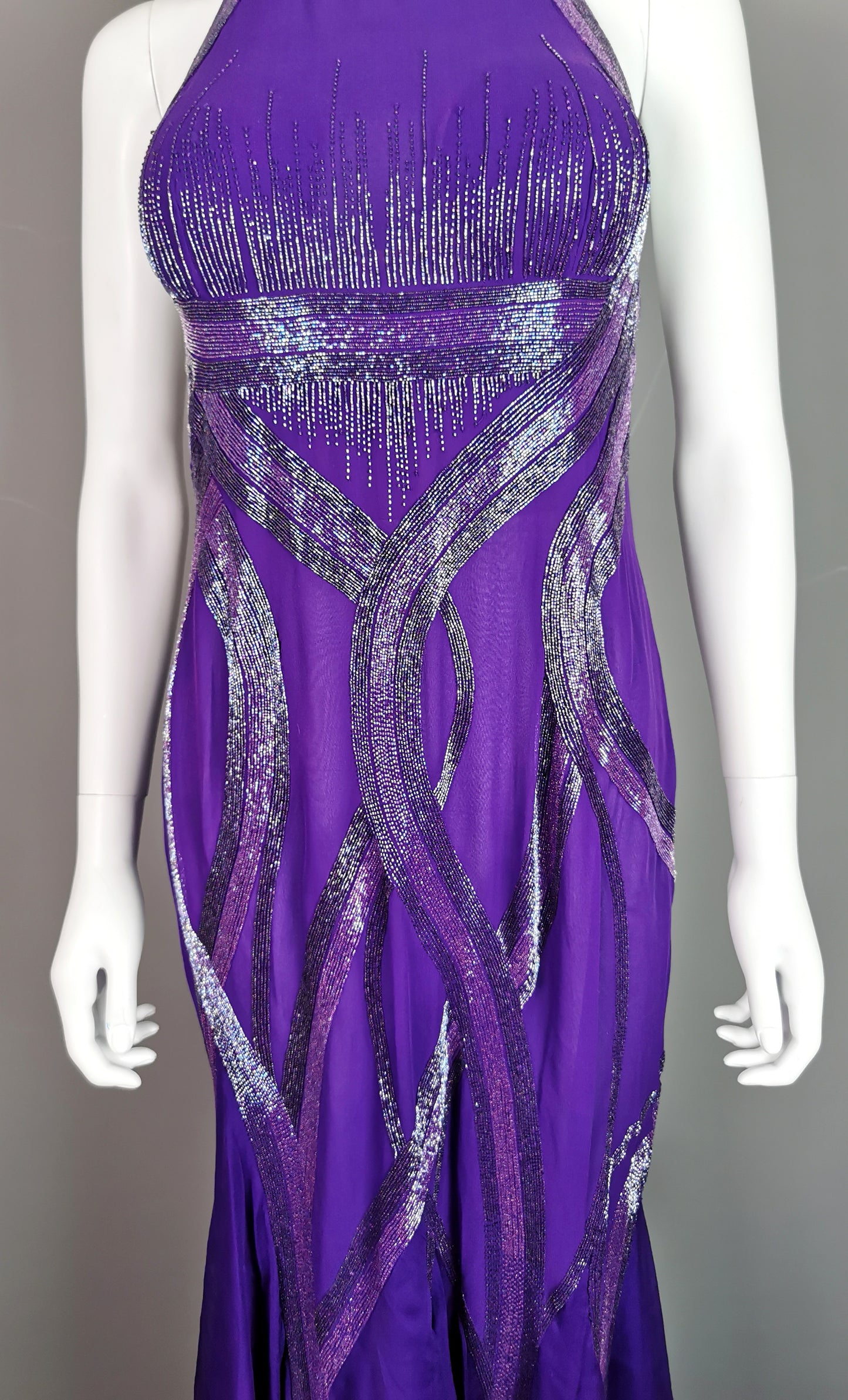 Vintage Versace purple silk chiffon beaded evening dress, gown