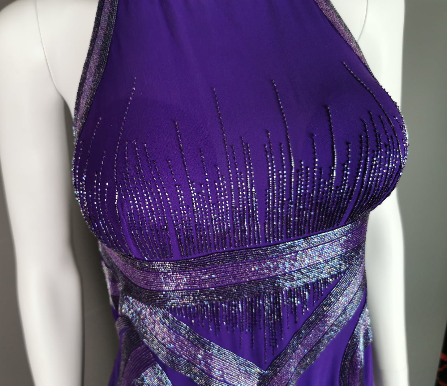 Vintage Versace purple silk chiffon beaded evening dress, gown