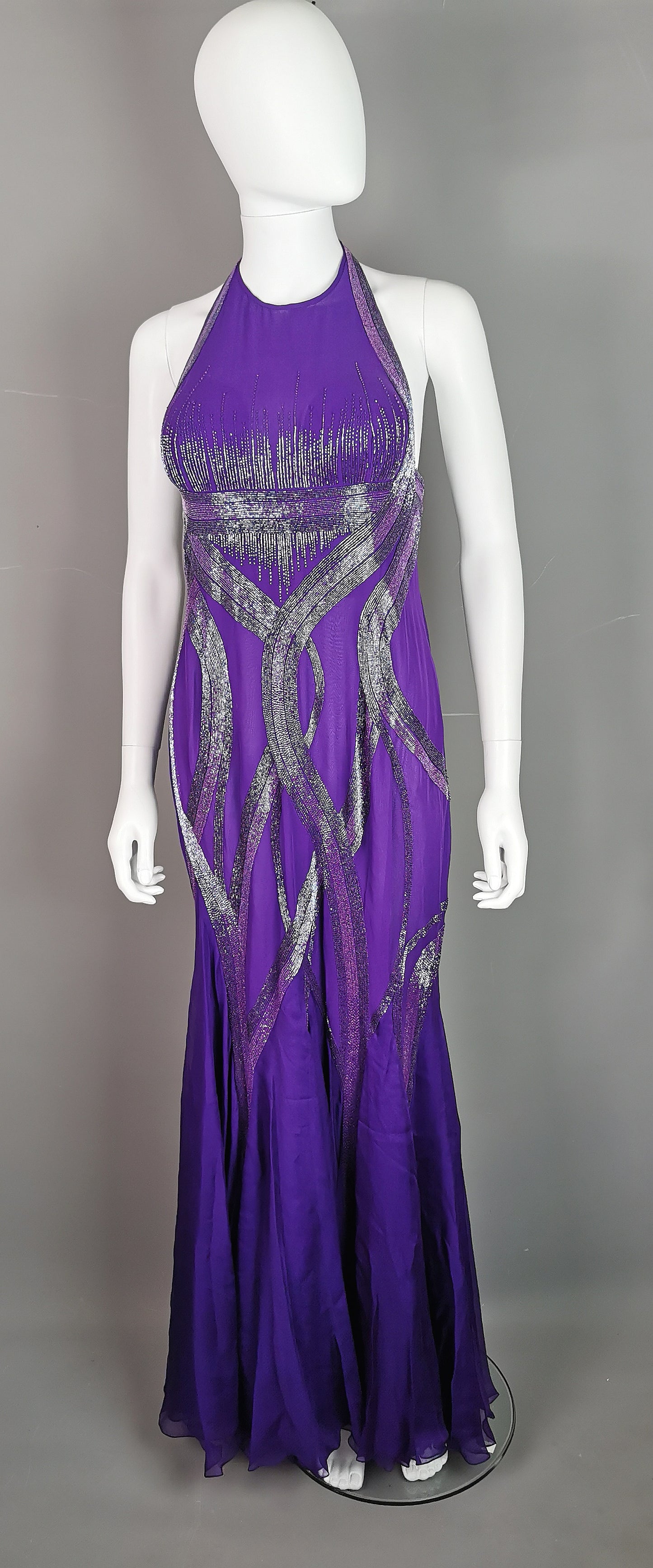 Vintage Versace purple silk chiffon beaded evening dress, gown