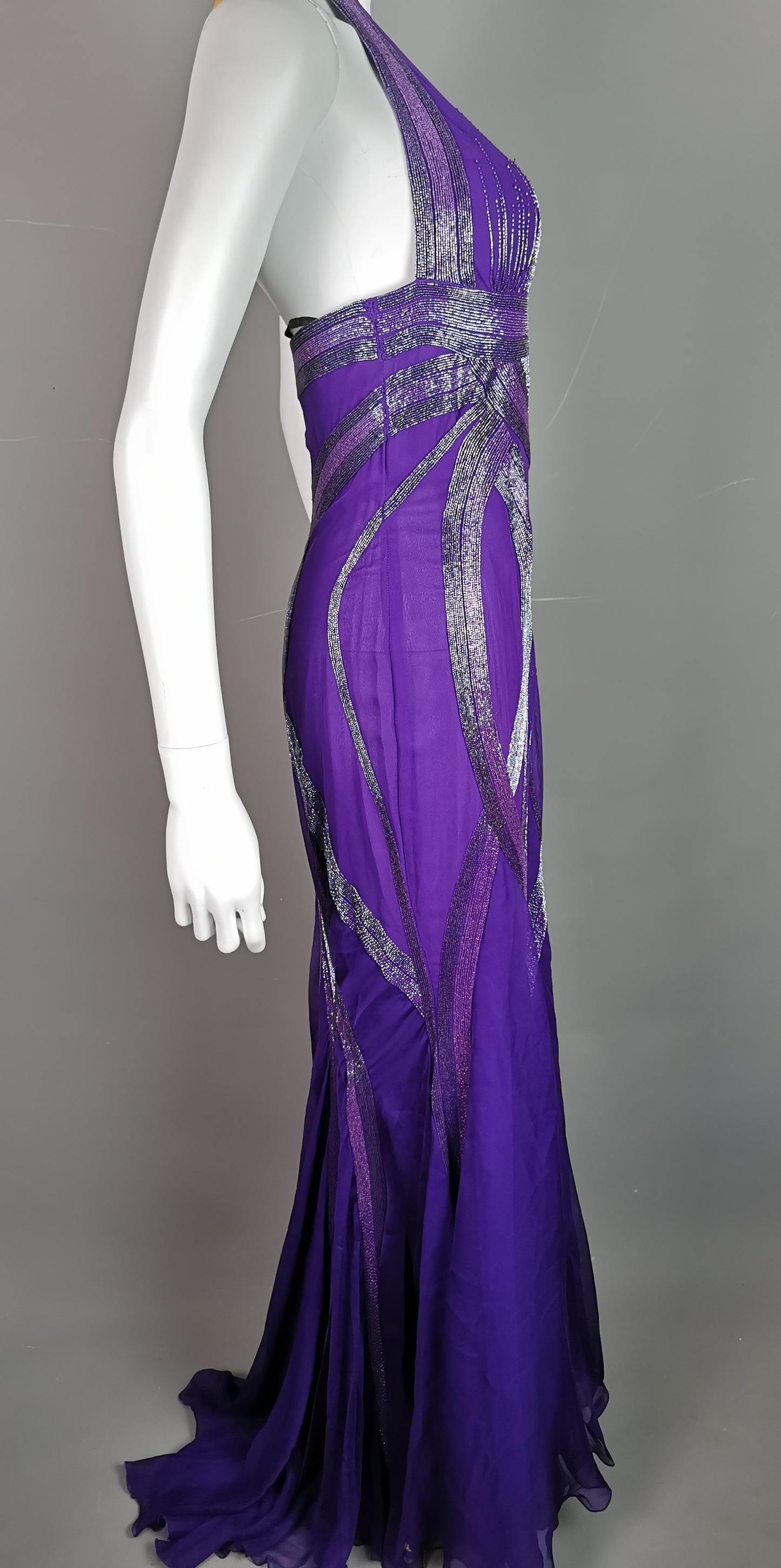 Vintage Versace purple silk chiffon beaded evening dress, gown