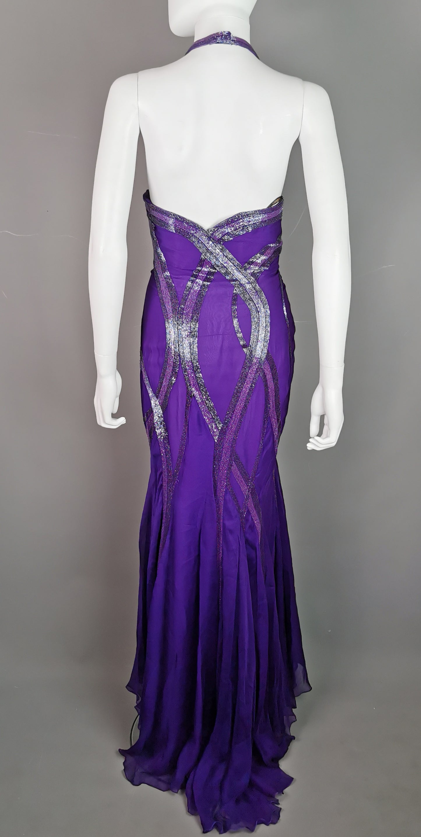 Vintage Versace purple silk chiffon beaded evening dress, gown