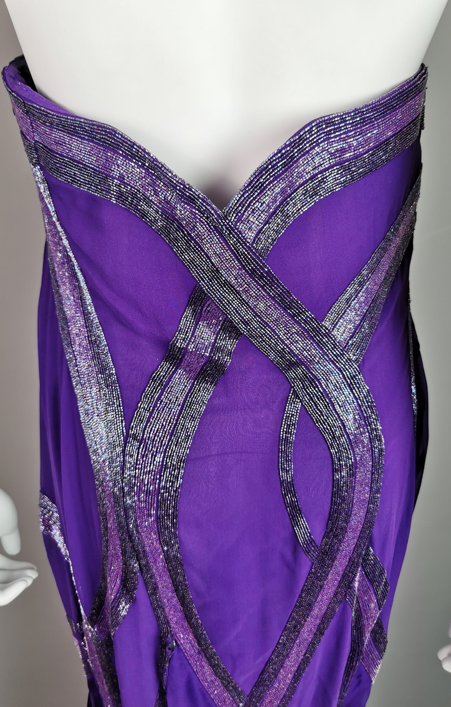 Vintage Versace purple silk chiffon beaded evening dress, gown