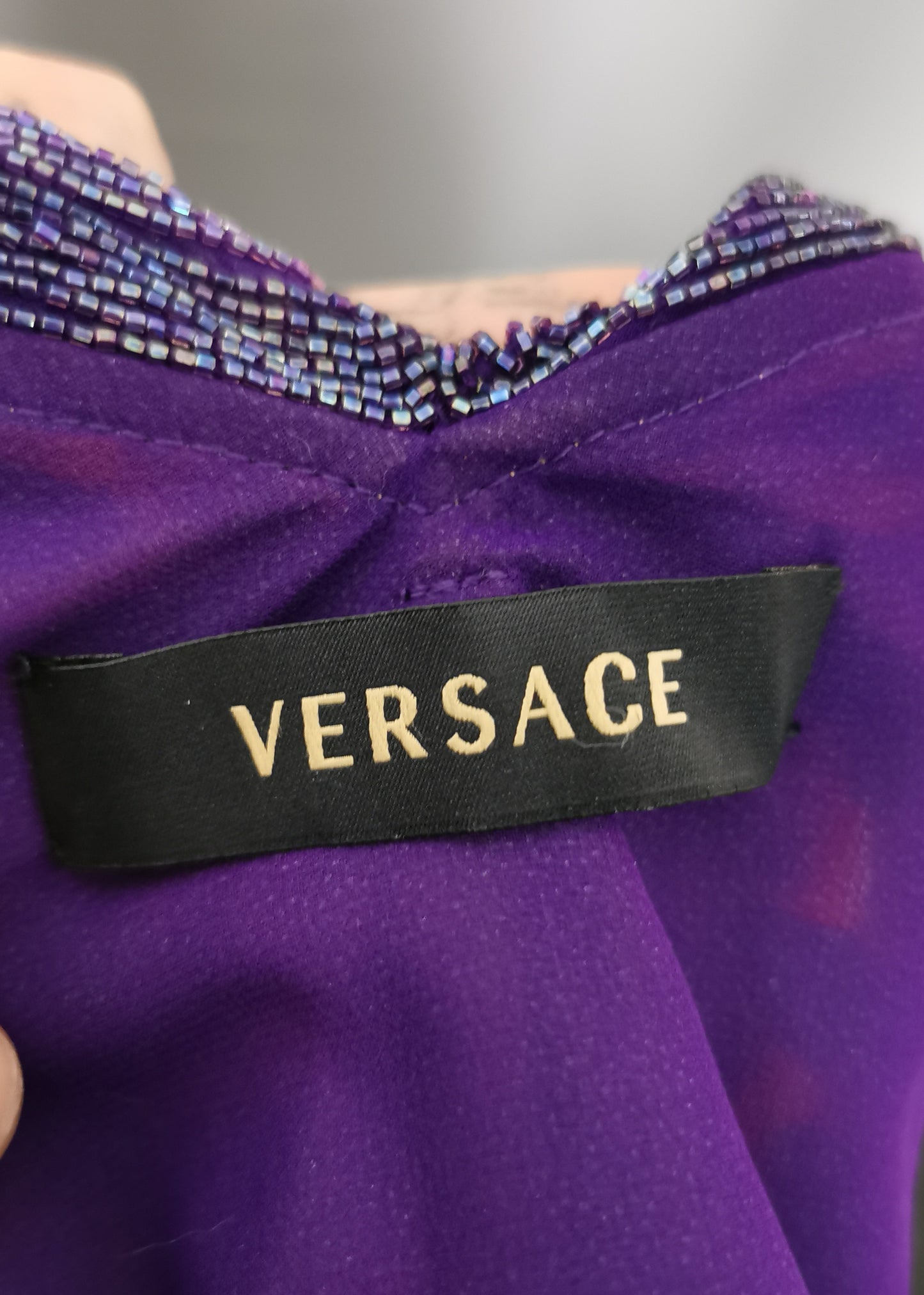 Vintage Versace purple silk chiffon beaded evening dress, gown