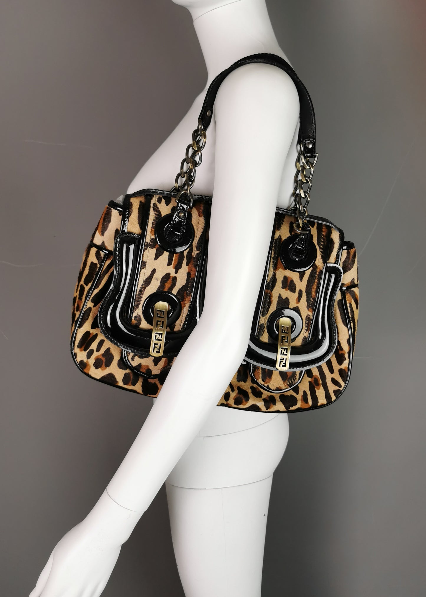 Vintage Fendi Leopard print B bag, Black patent leather
