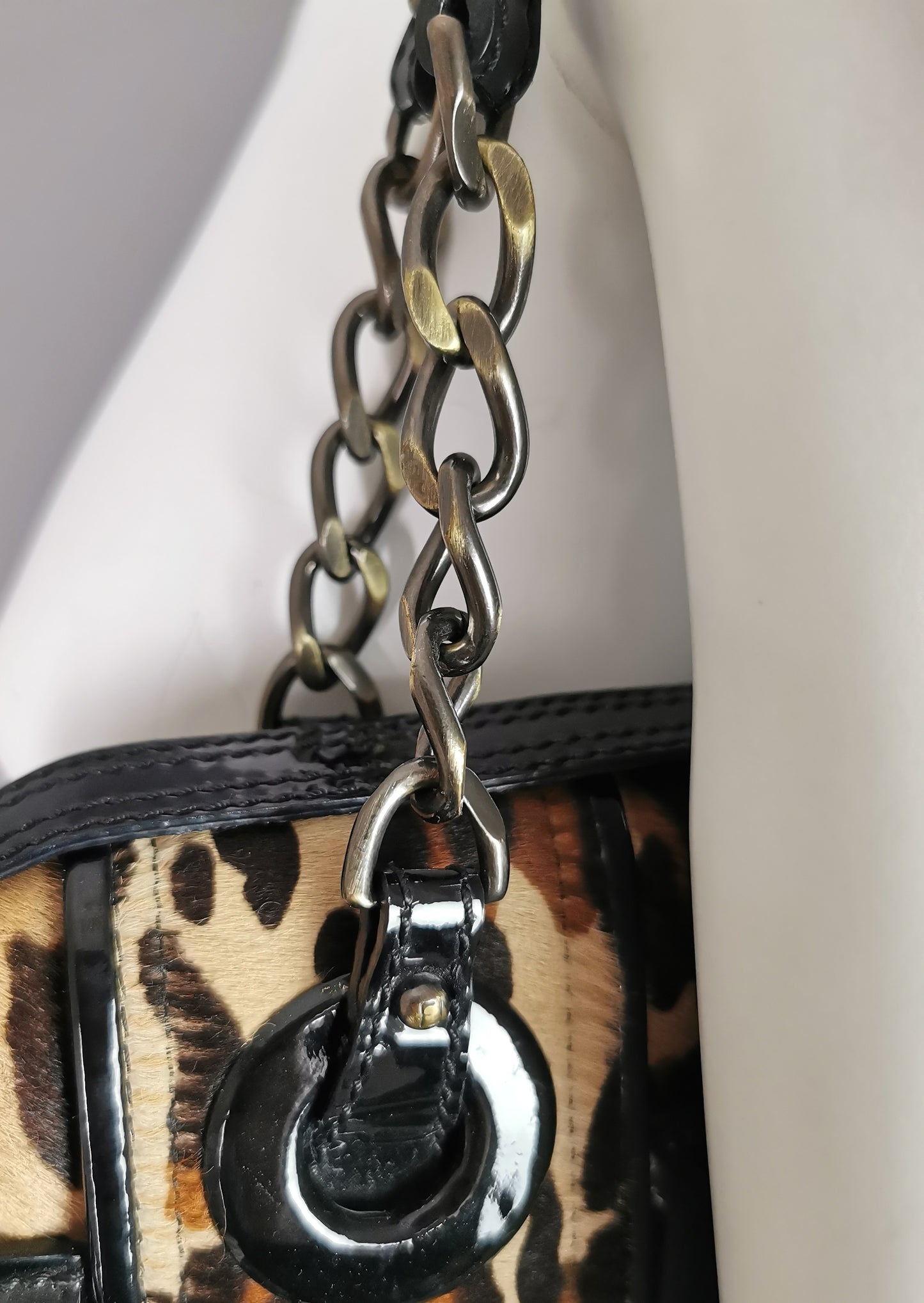 Vintage Fendi Leopard print B bag, Black patent leather