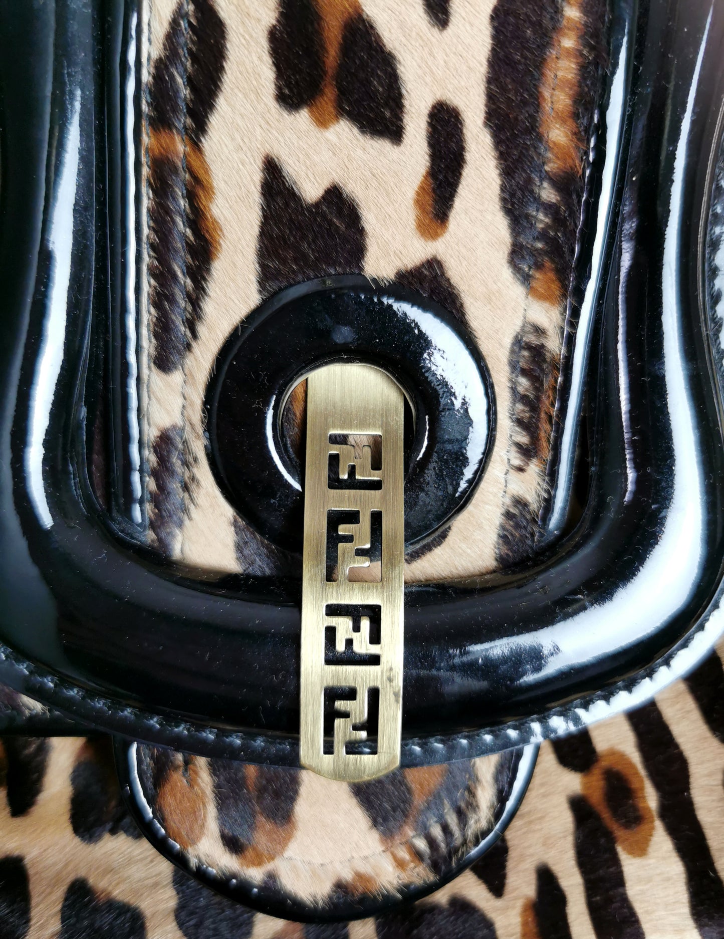 Vintage Fendi Leopard print B bag, Black patent leather
