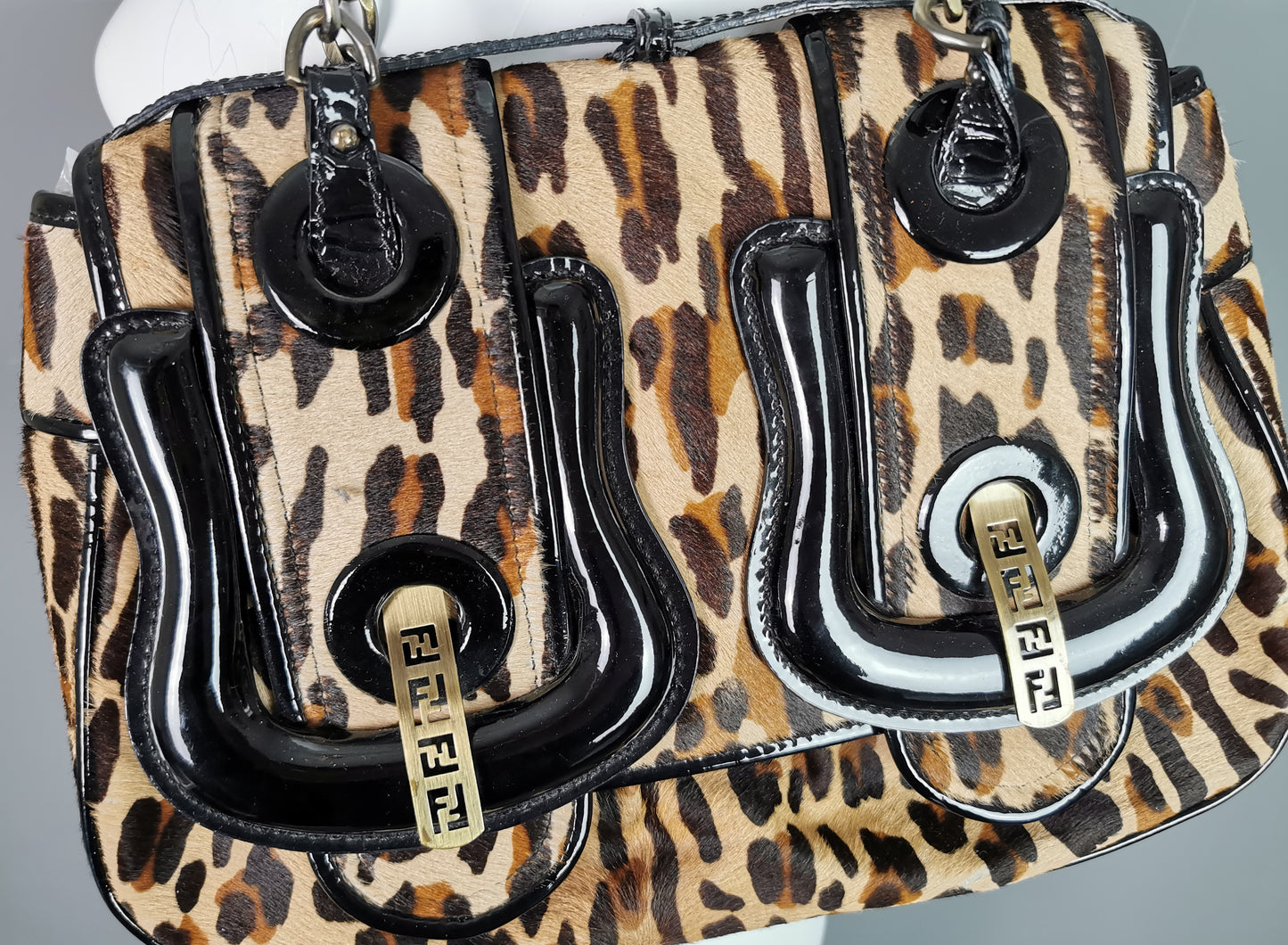 Vintage Fendi Leopard print B bag, Black patent leather