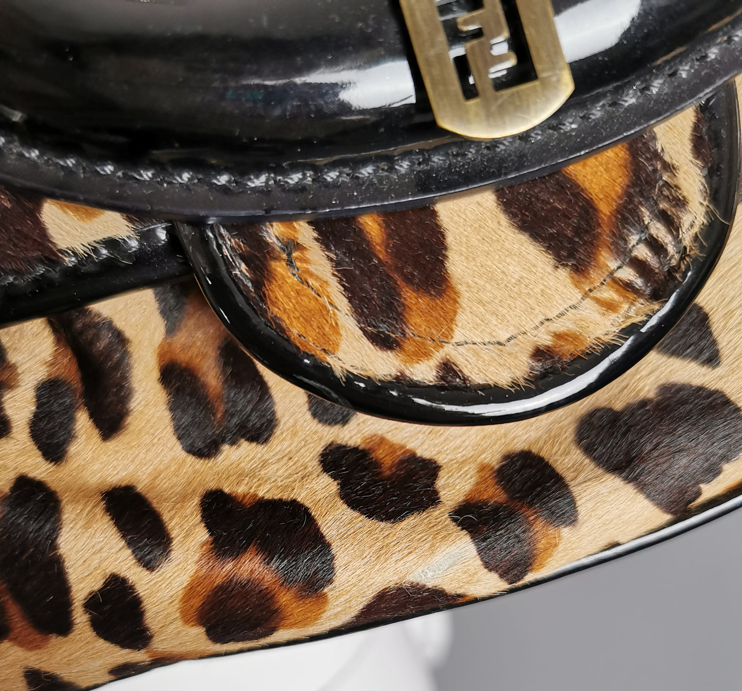 Vintage Fendi Leopard print B bag, Black patent leather
