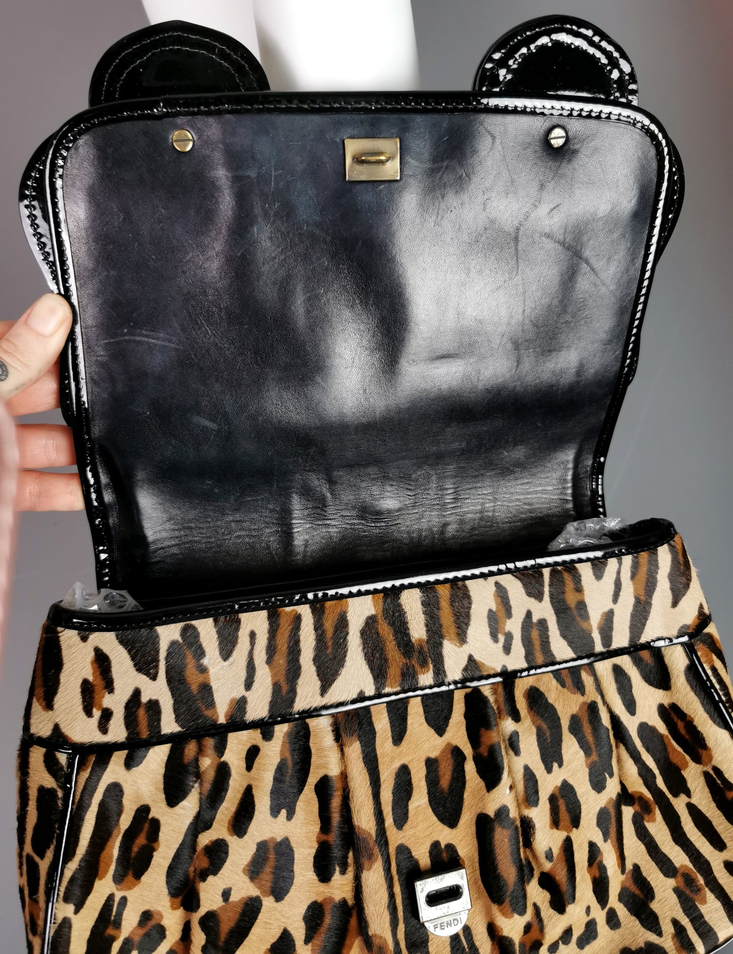 Vintage Fendi Leopard print B bag, Black patent leather
