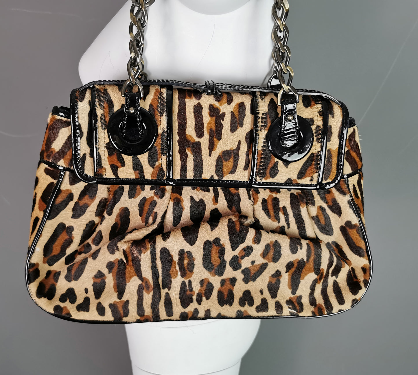 Vintage Fendi Leopard print B bag, Black patent leather