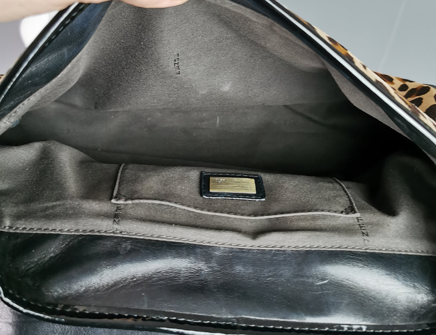 Vintage Fendi Leopard print B bag, Black patent leather