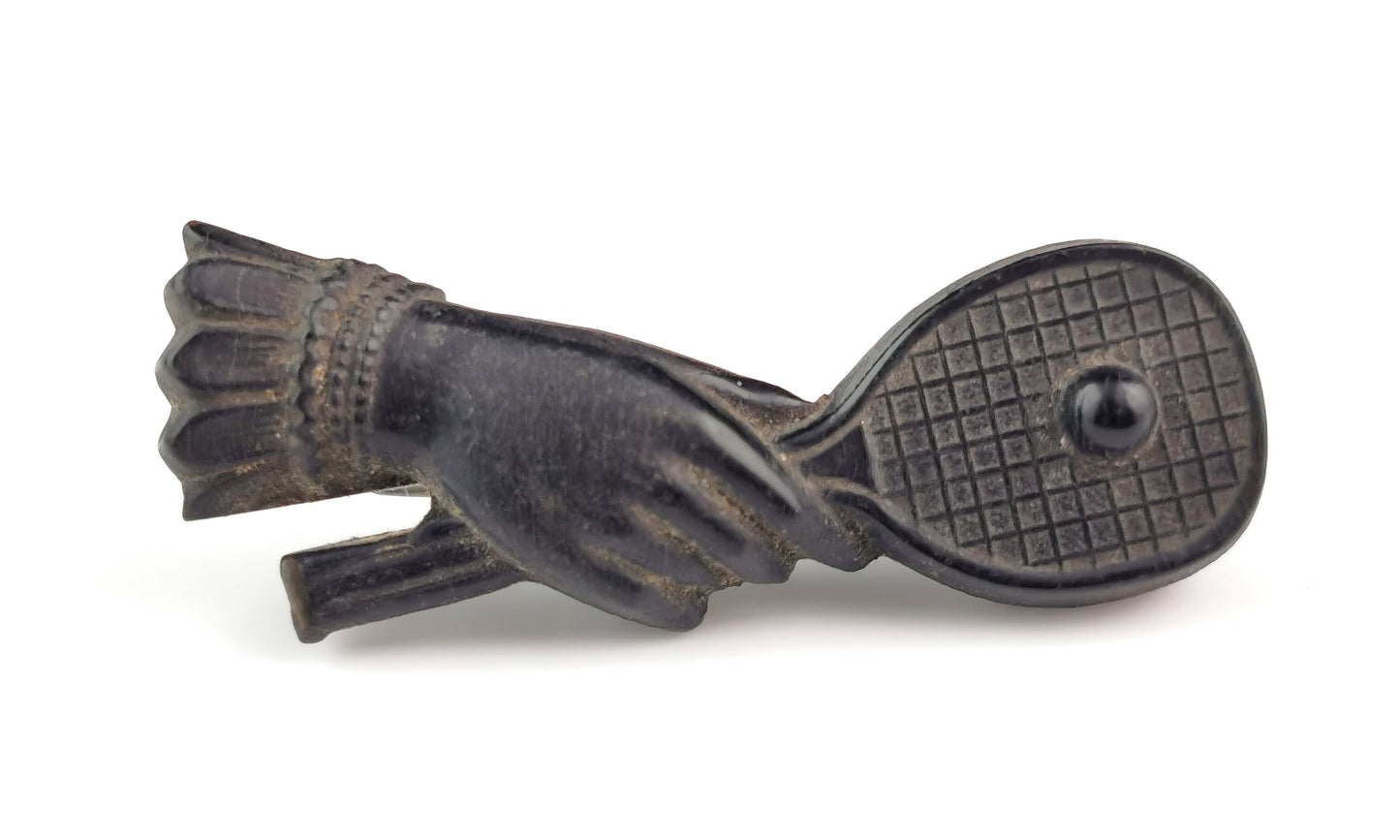 Antique Victorian tennis brooch, Bog oak
